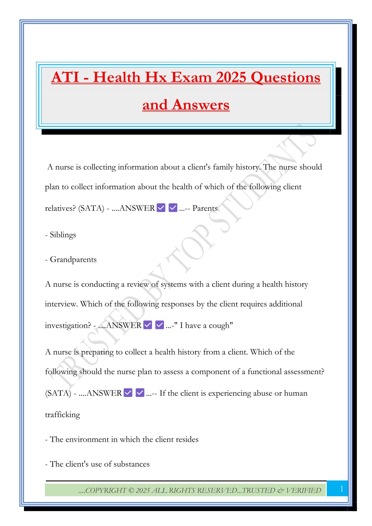 ATI - Health Hx Exam 2025 Questions and Answers