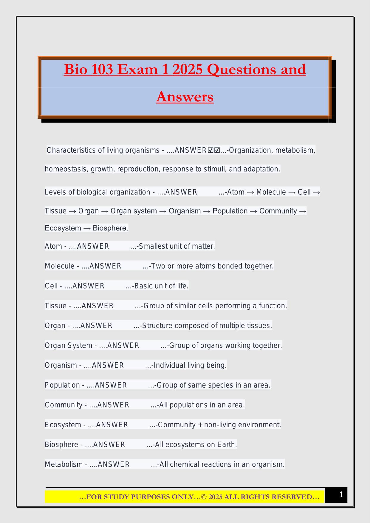 Bio 103 Exam 1 2025 Questions and Answers