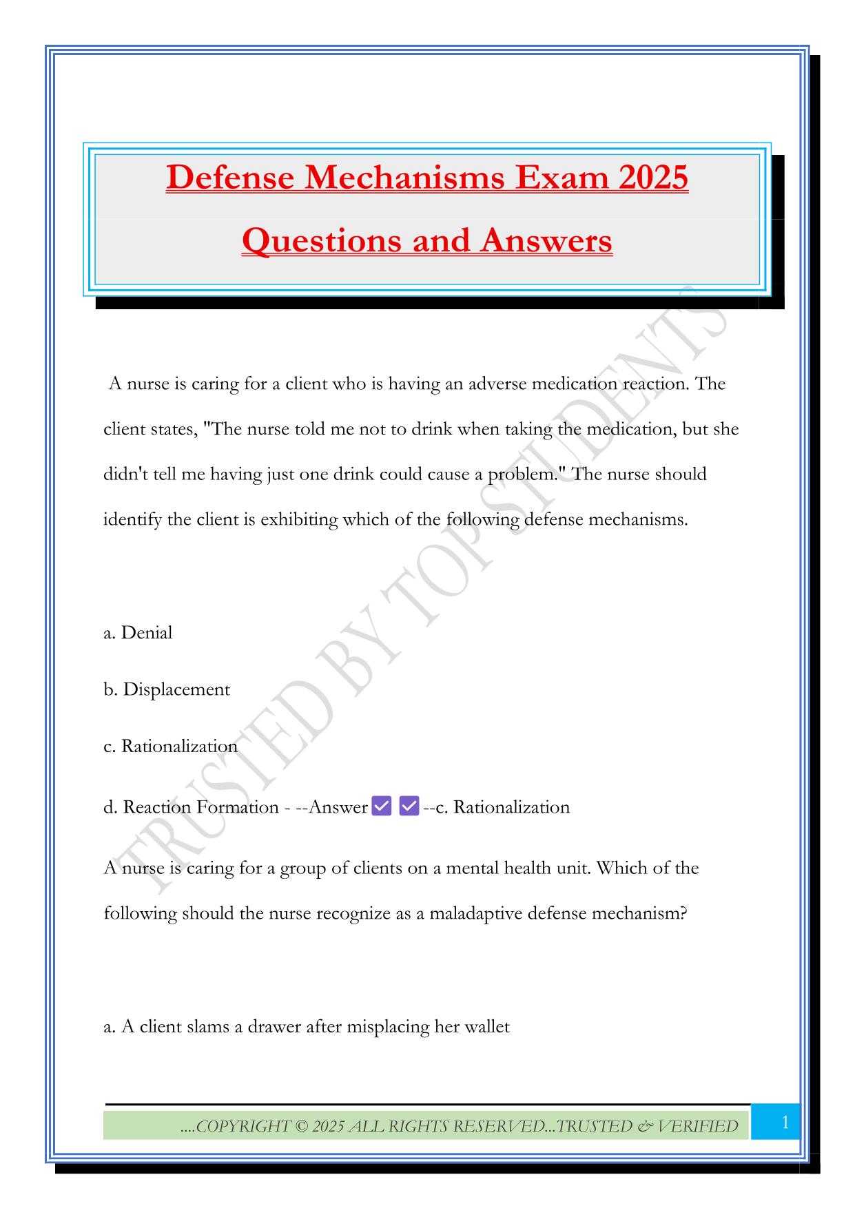 Defense Mechanisms Exam 2025 Questions and Answers