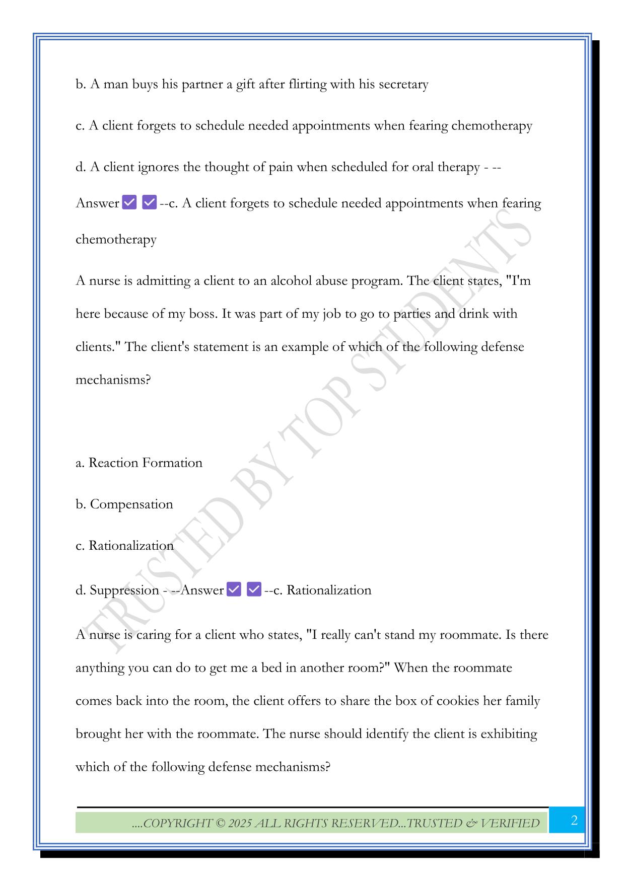 Defense Mechanisms Exam 2025 Questions and Answers