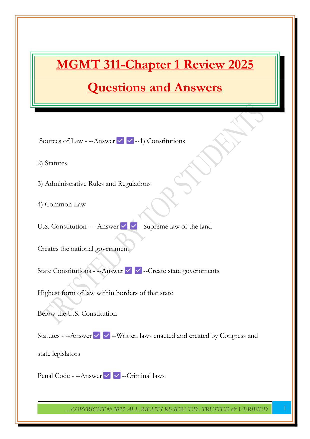 MGMT 311-Chapter 1 Review 2025 Questions and Answers
