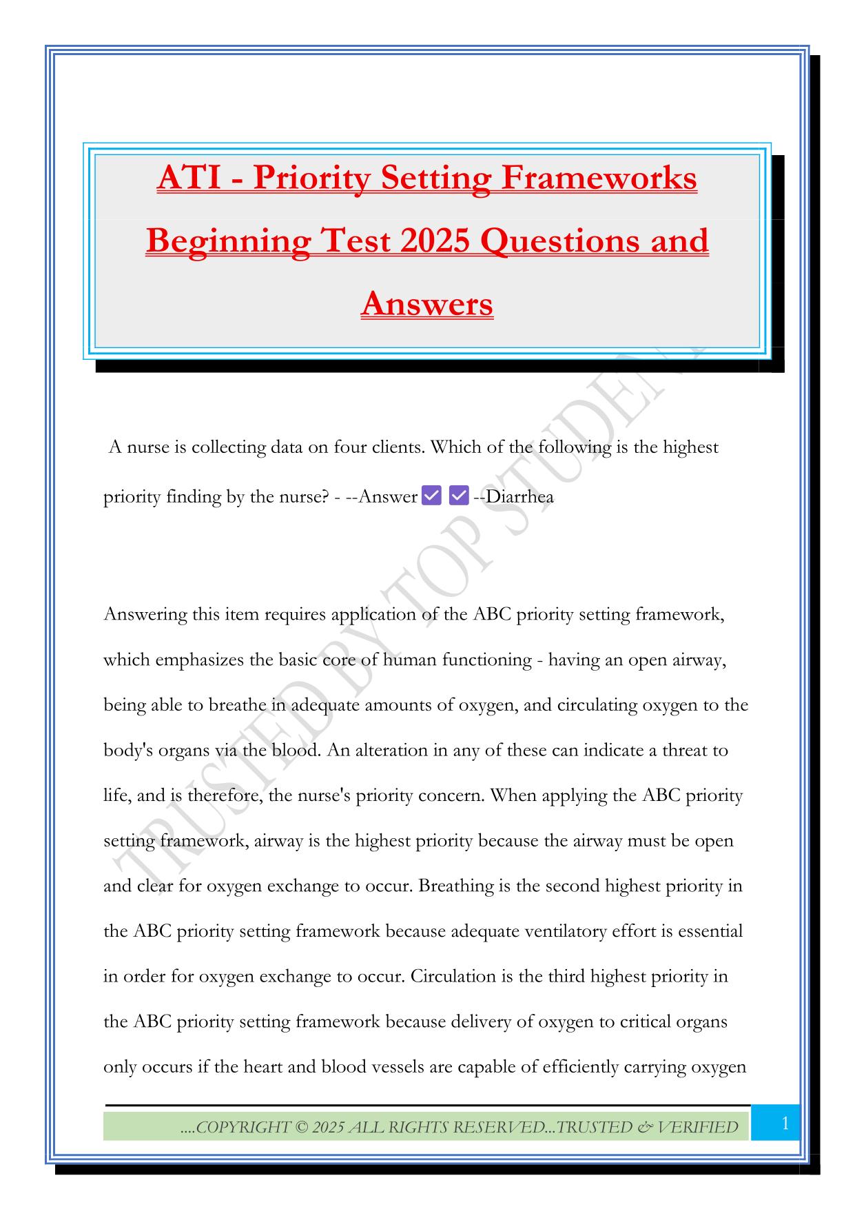 ATI - Priority Setting Frameworks Beginning Test 2025 Questions and Answers