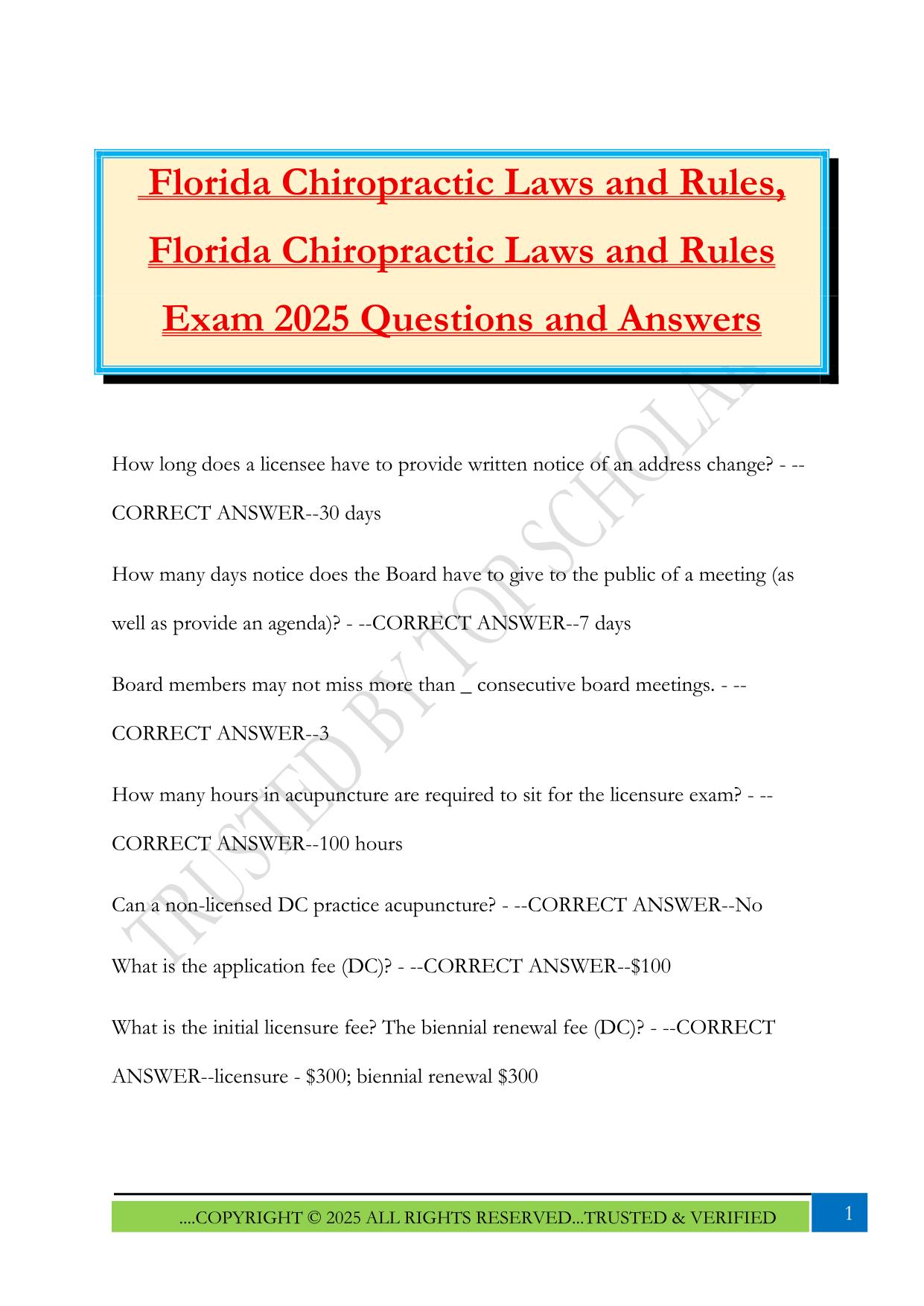 Florida Chiropractic Laws and Rules, Florida Chiropractic Laws and Rules Exam 2025 Questions and Answers