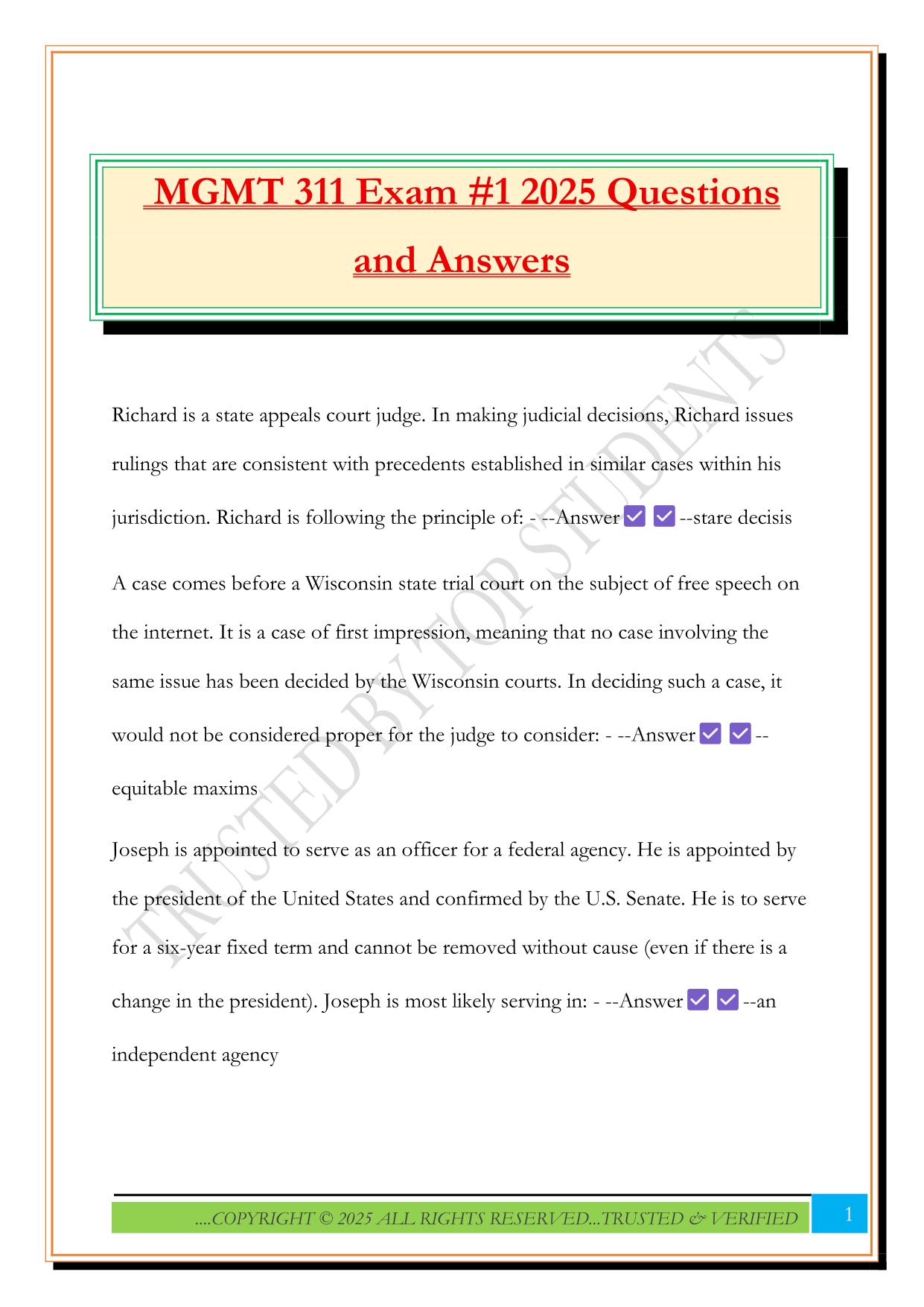 MGMT 311 Exam #1 2025 Questions and Answers