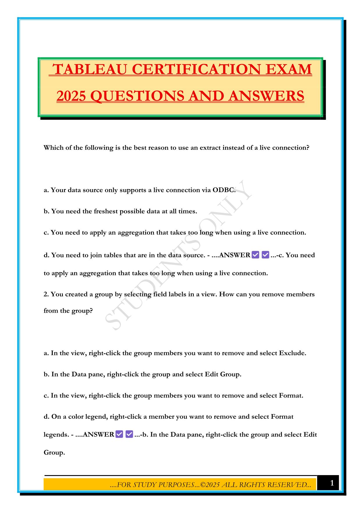 TABLEAU CERTIFICATION EXAM 2025 QUESTIONS AND ANSWERS