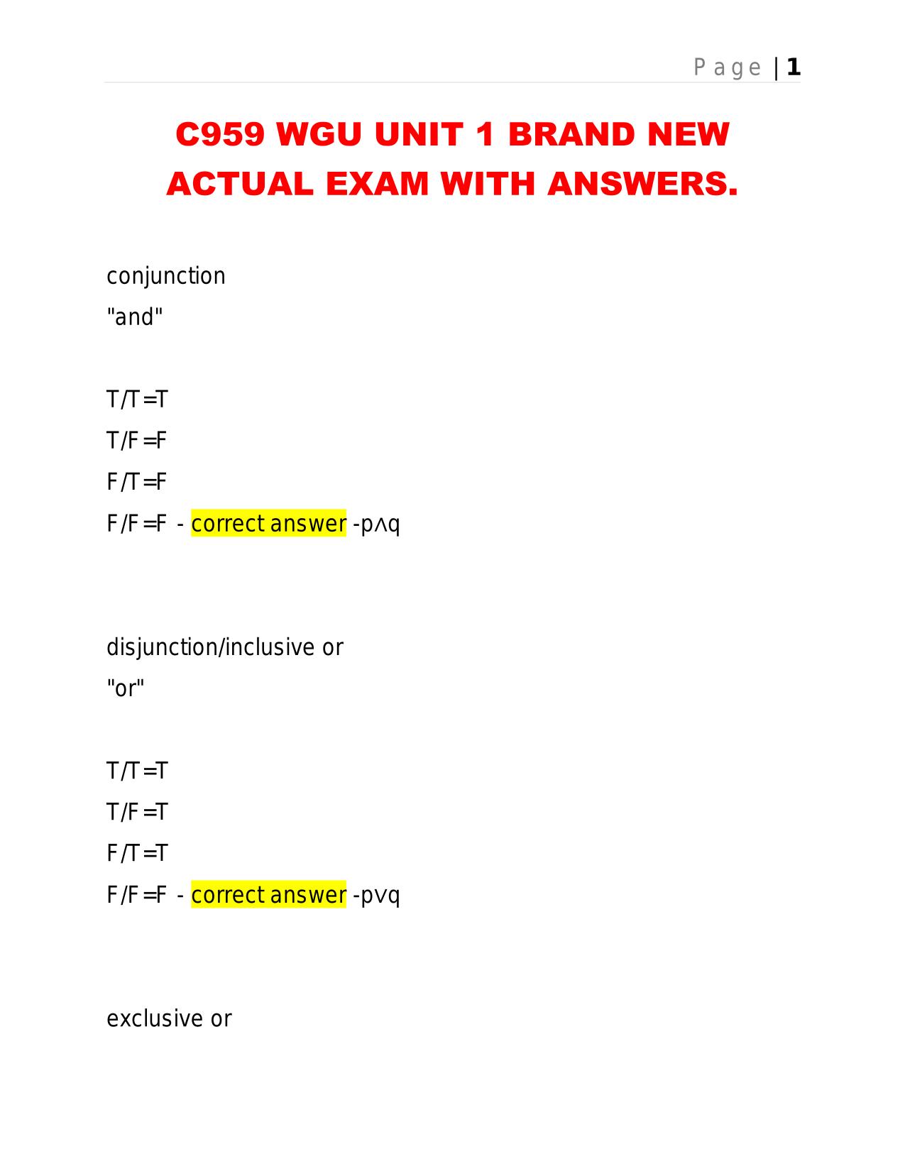 C959 WGU UNIT 1 BRAND NEW ACTUAL EXAM WITH ANSWERS.