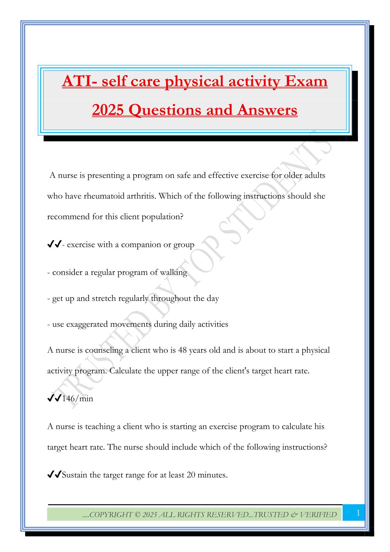 ATI- self care physical activity Exam 2025 Questions and Answers