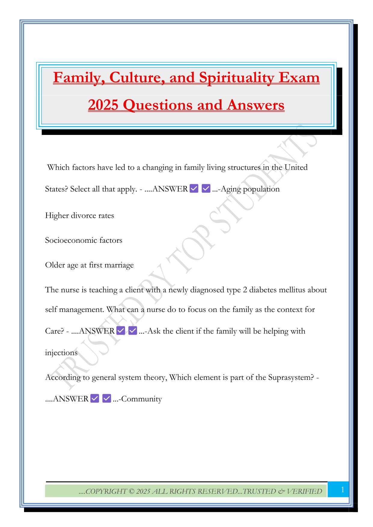 Family, Culture, and Spirituality Exam 2025 Questions and Answers