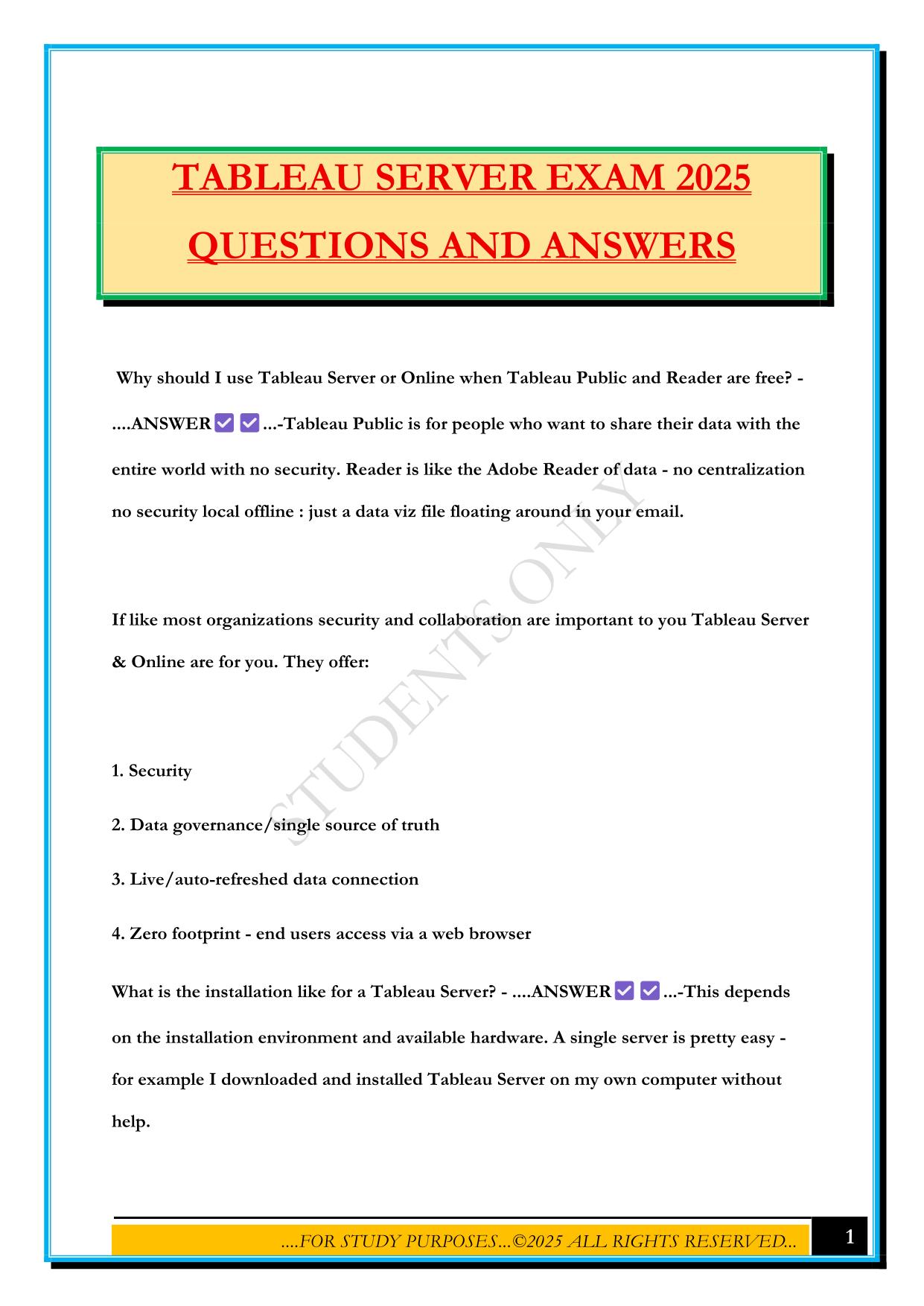 TABLEAU SERVER EXAM 2025 QUESTIONS AND ANSWERS