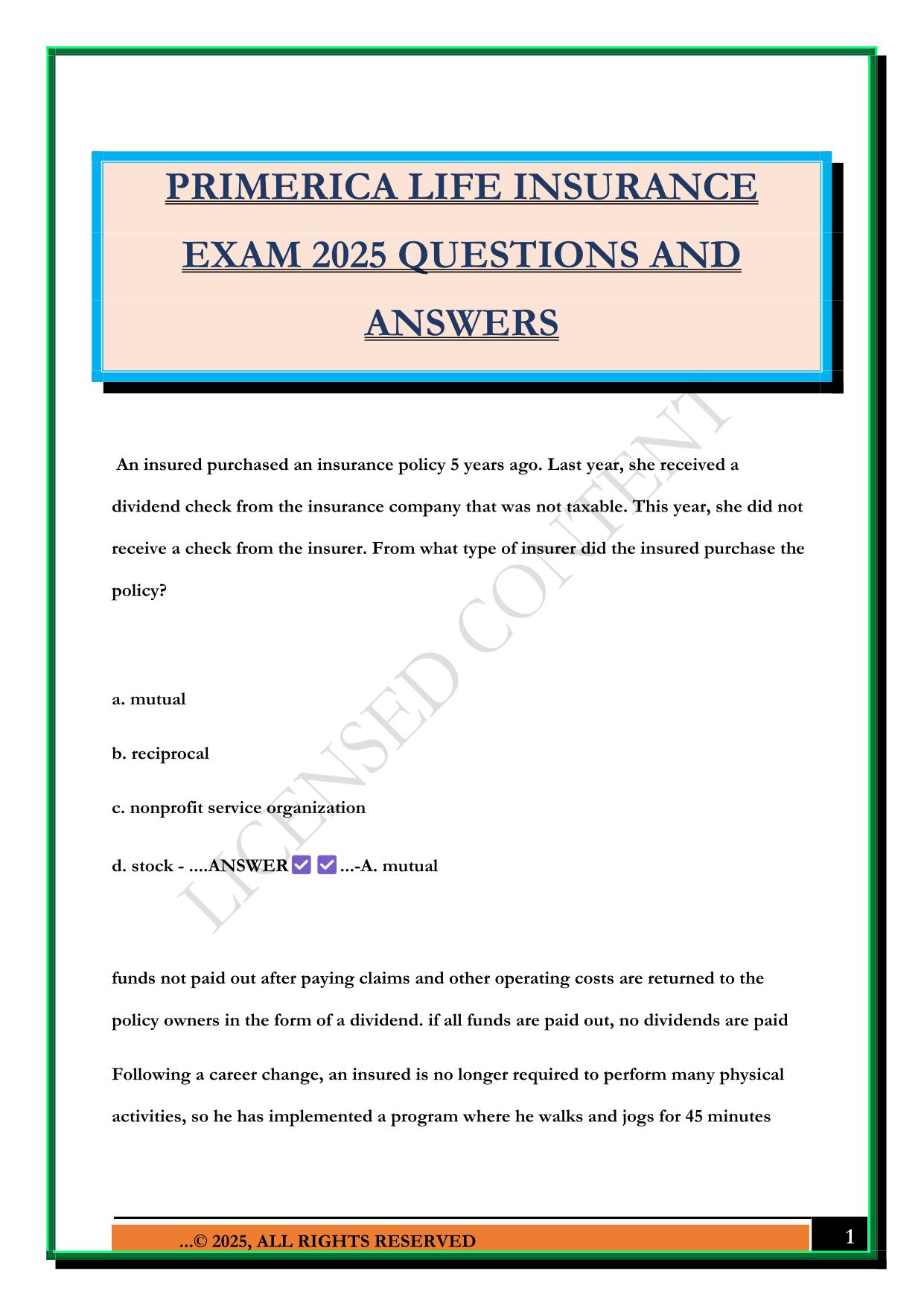 PRIMERICA LIFE INSURANCE EXAM 2025 QUESTIONS AND ANSWERS