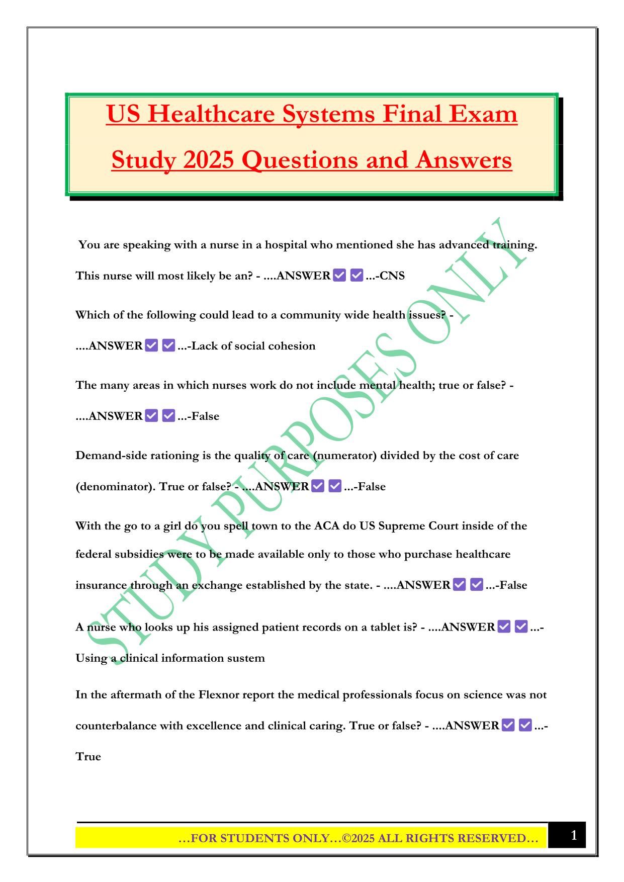 US Healthcare Systems Final Exam Study 2025 Questions and Answers