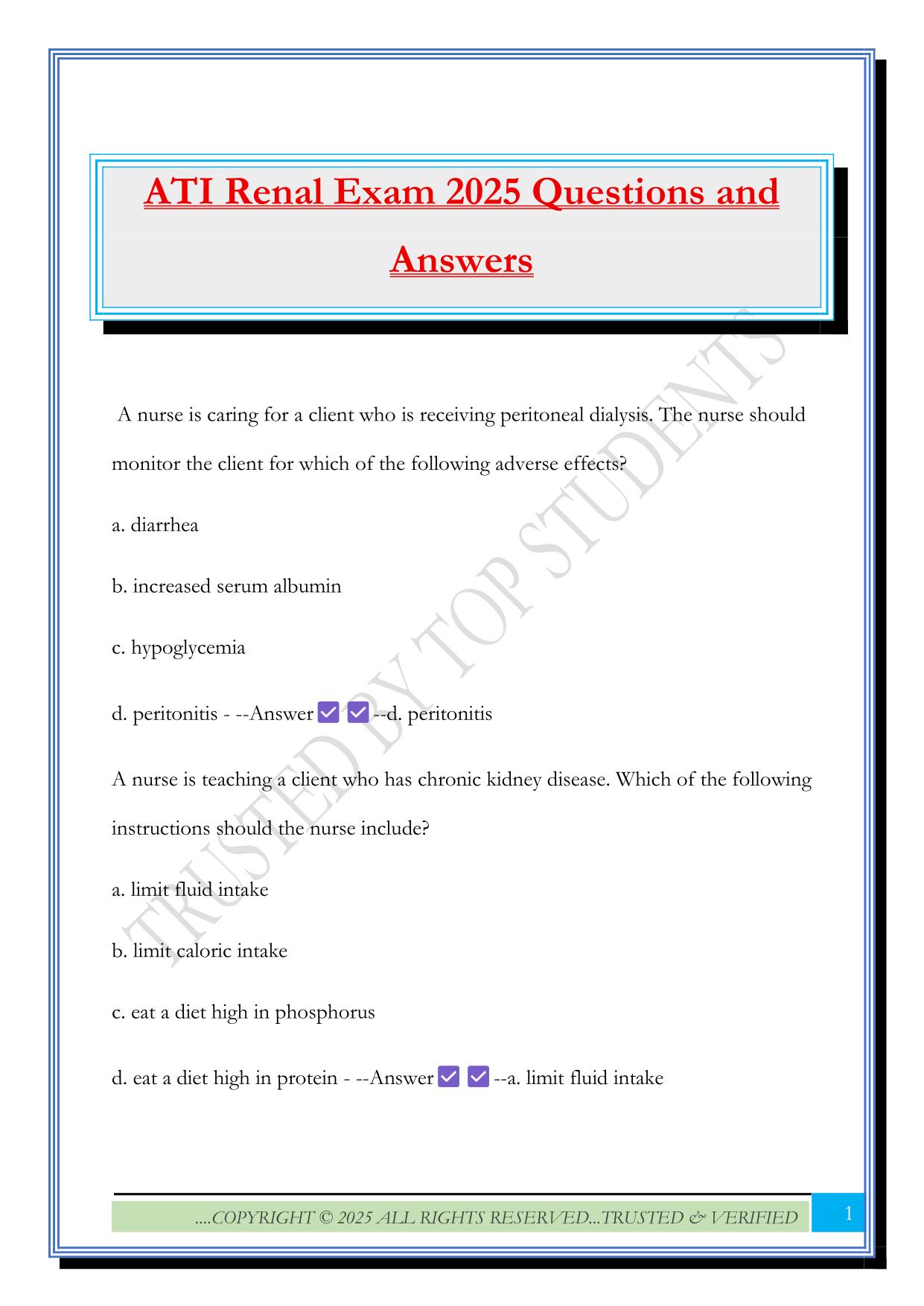 ATI Renal Exam 2025 Questions and Answers