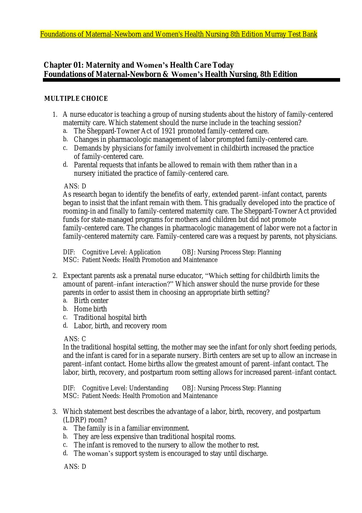 Foundations of Maternal-Newborn and Women's Health Nursing 8th Edition Murray Test B Exam MCQ WITH Correct Answers |Updated 2025