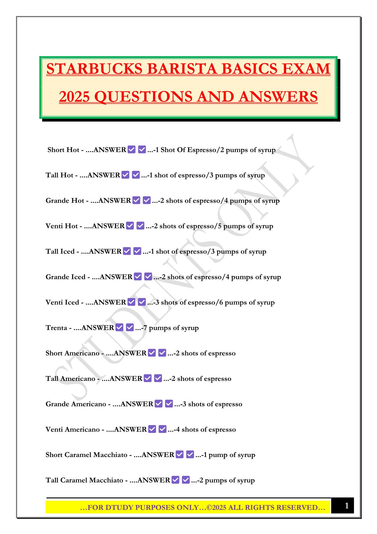 STARBUCKS BARISTA BASICS EXAM 2025 QUESTIONS AND ANSWERS
