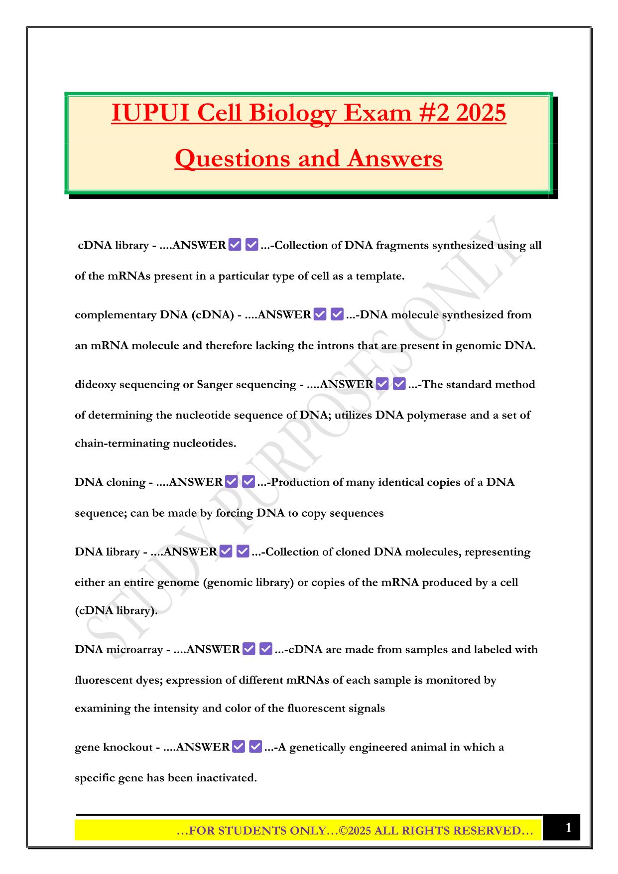 IUPUI Cell Biology Exam #2 2025 Questions and Answers