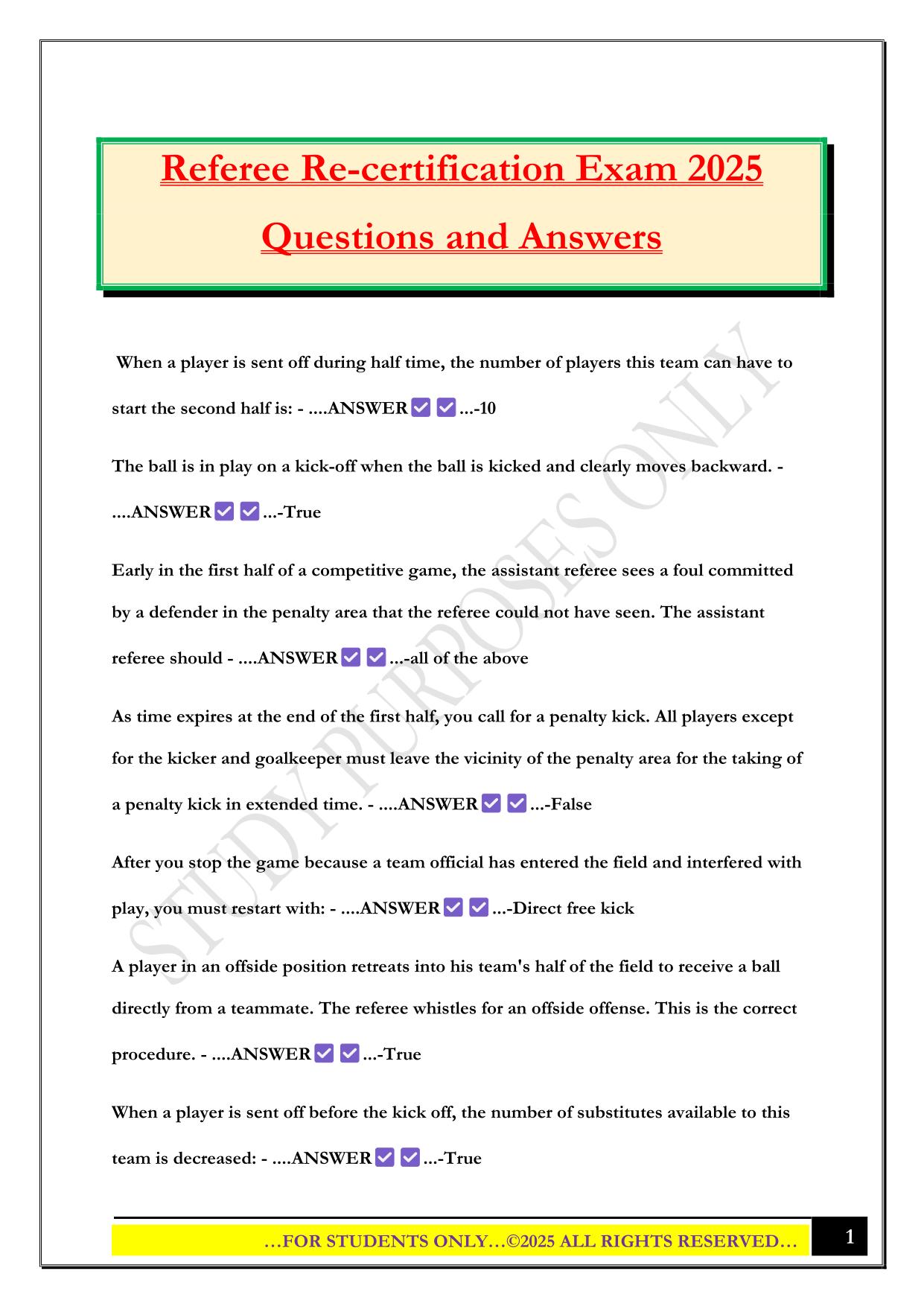Referee Re-certification Exam 2025 Questions and Answers