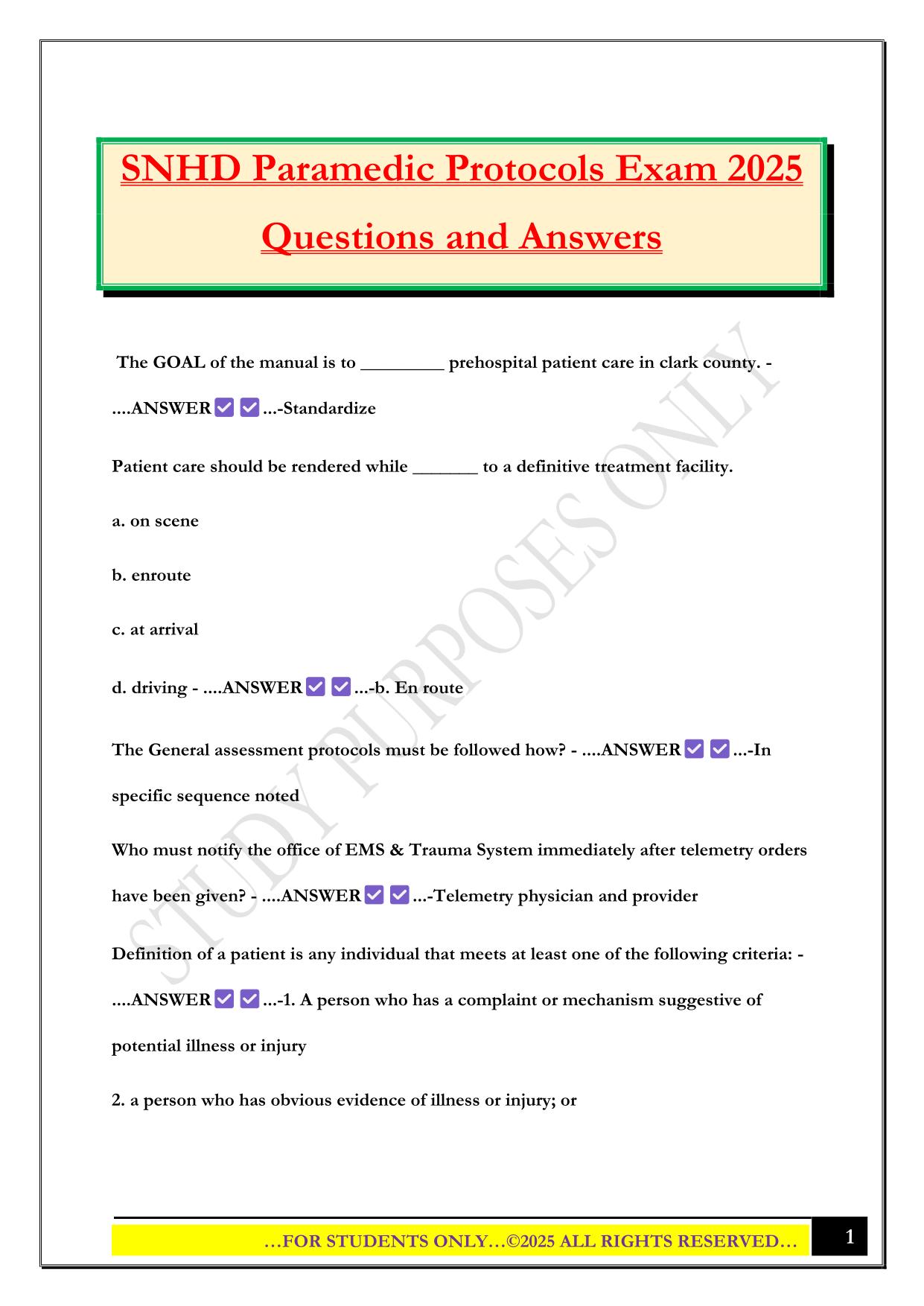 SNHD Paramedic Protocols Exam 2025 Questions and Answers