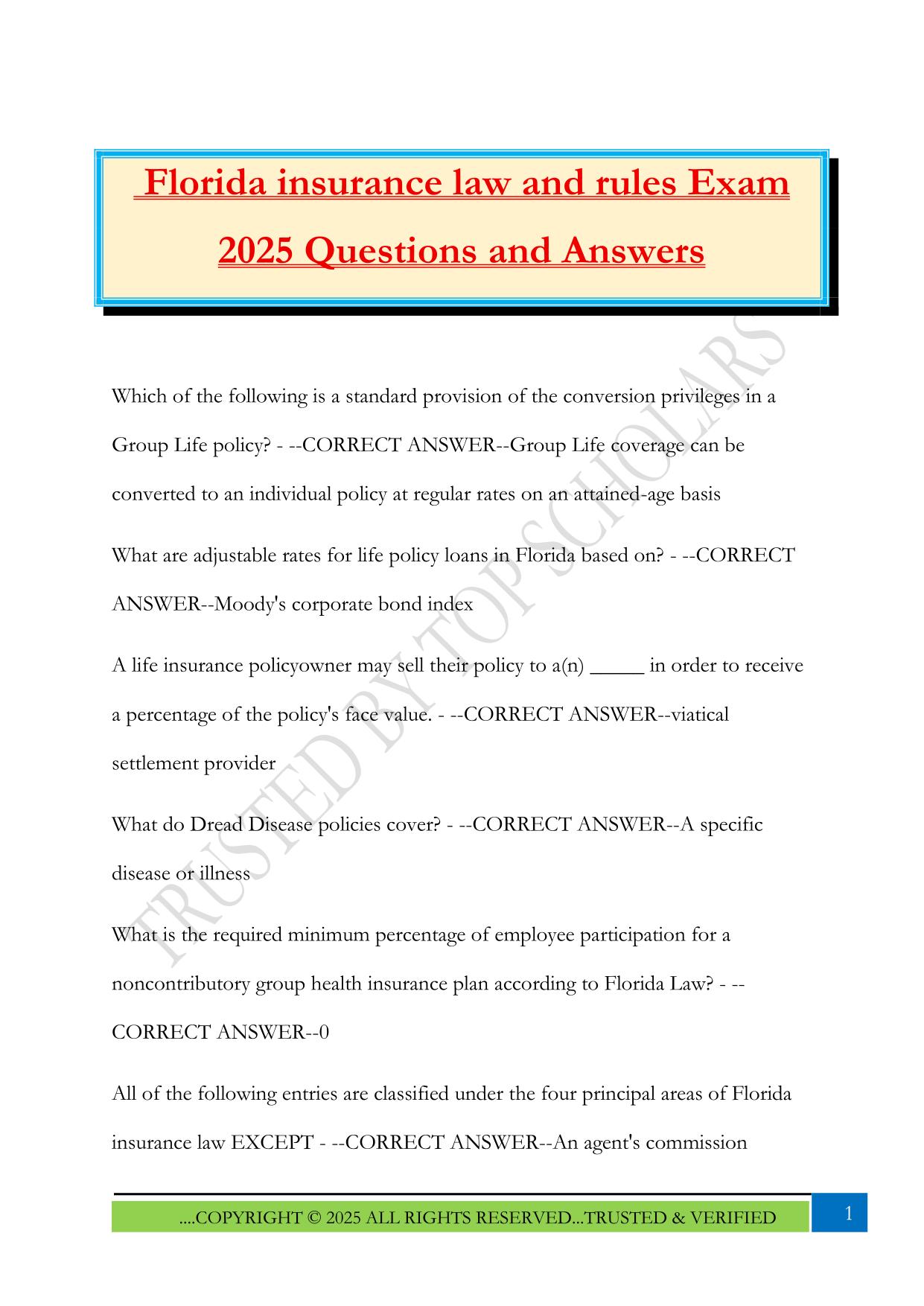 Florida insurance law and rules Exam 2025 Questions and Answers