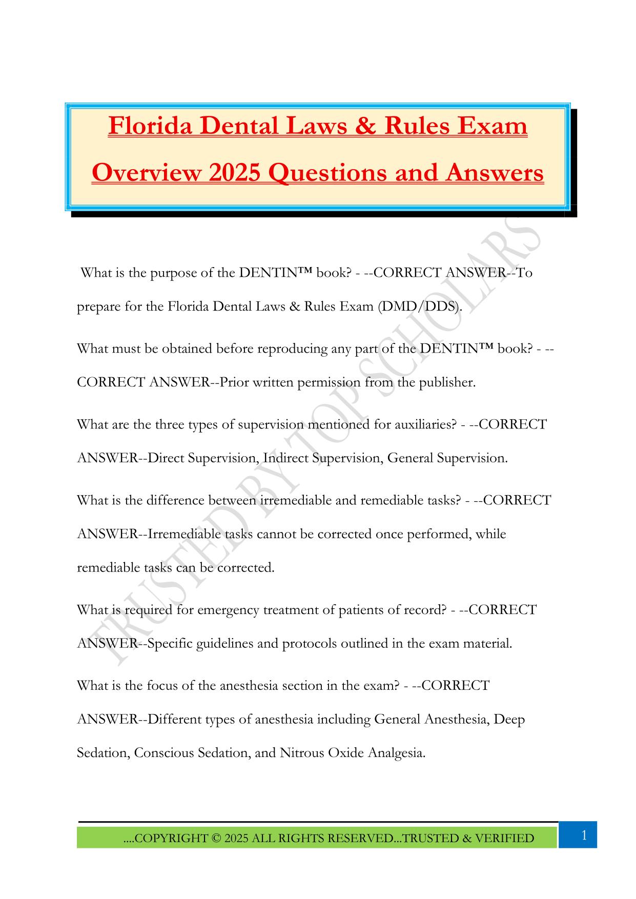 Florida Dental Laws & Rules Exam Overview 2025 Questions and Answers