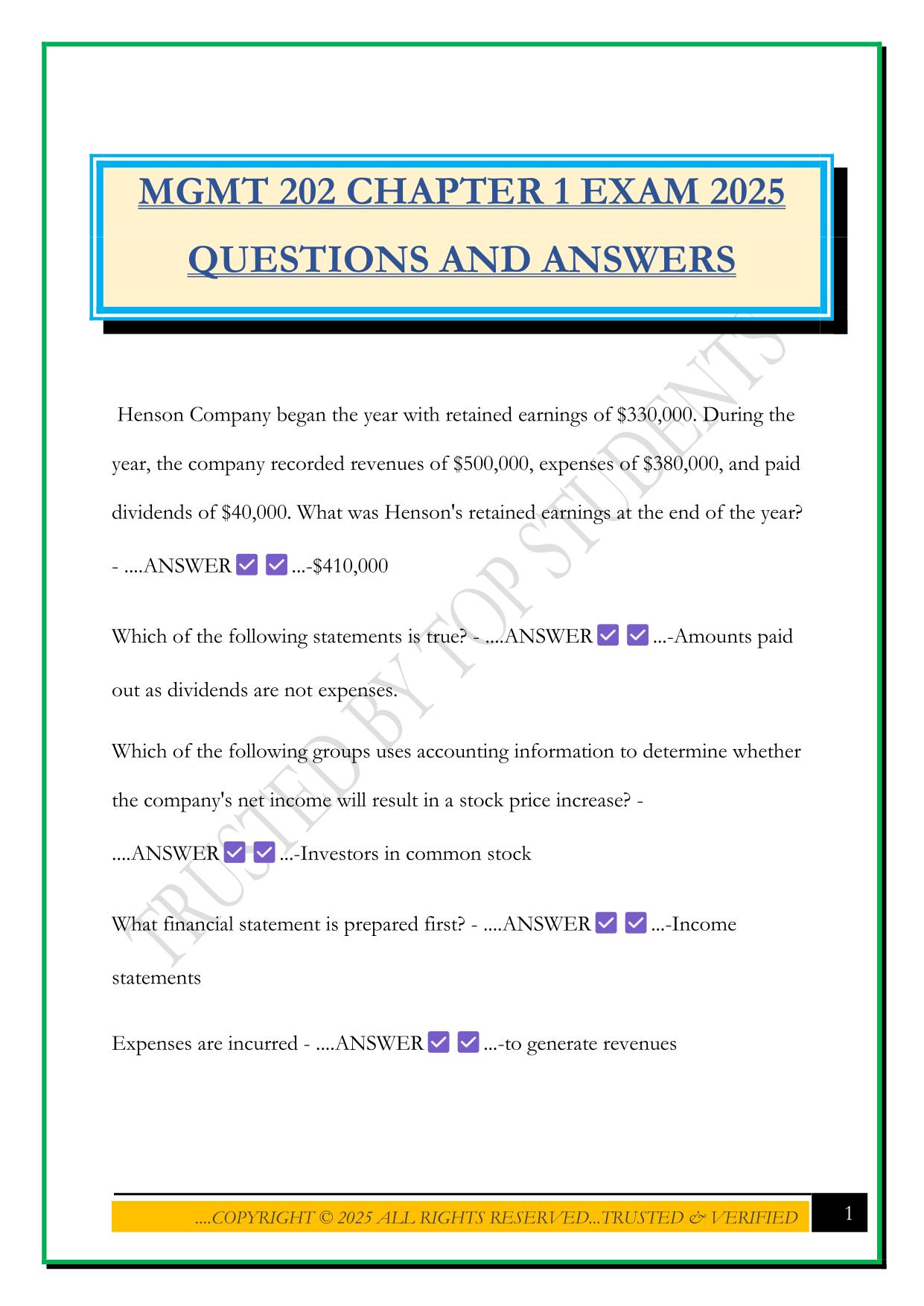 MGMT 202 CHAPTER 1 EXAM 2025 QUESTIONS AND ANSWERS