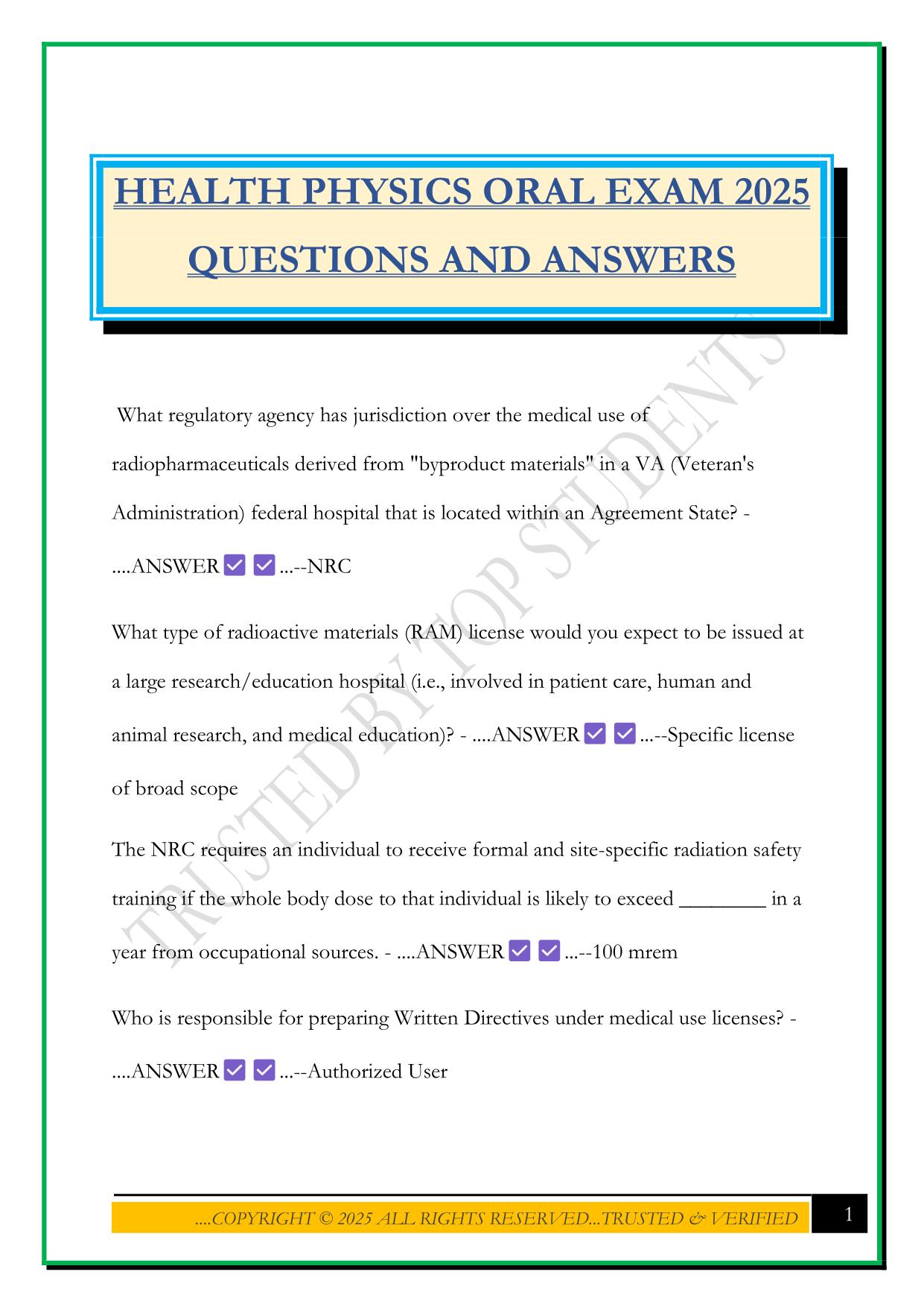 HEALTH PHYSICS ORAL EXAM 2025 QUESTIONS AND ANSWERS