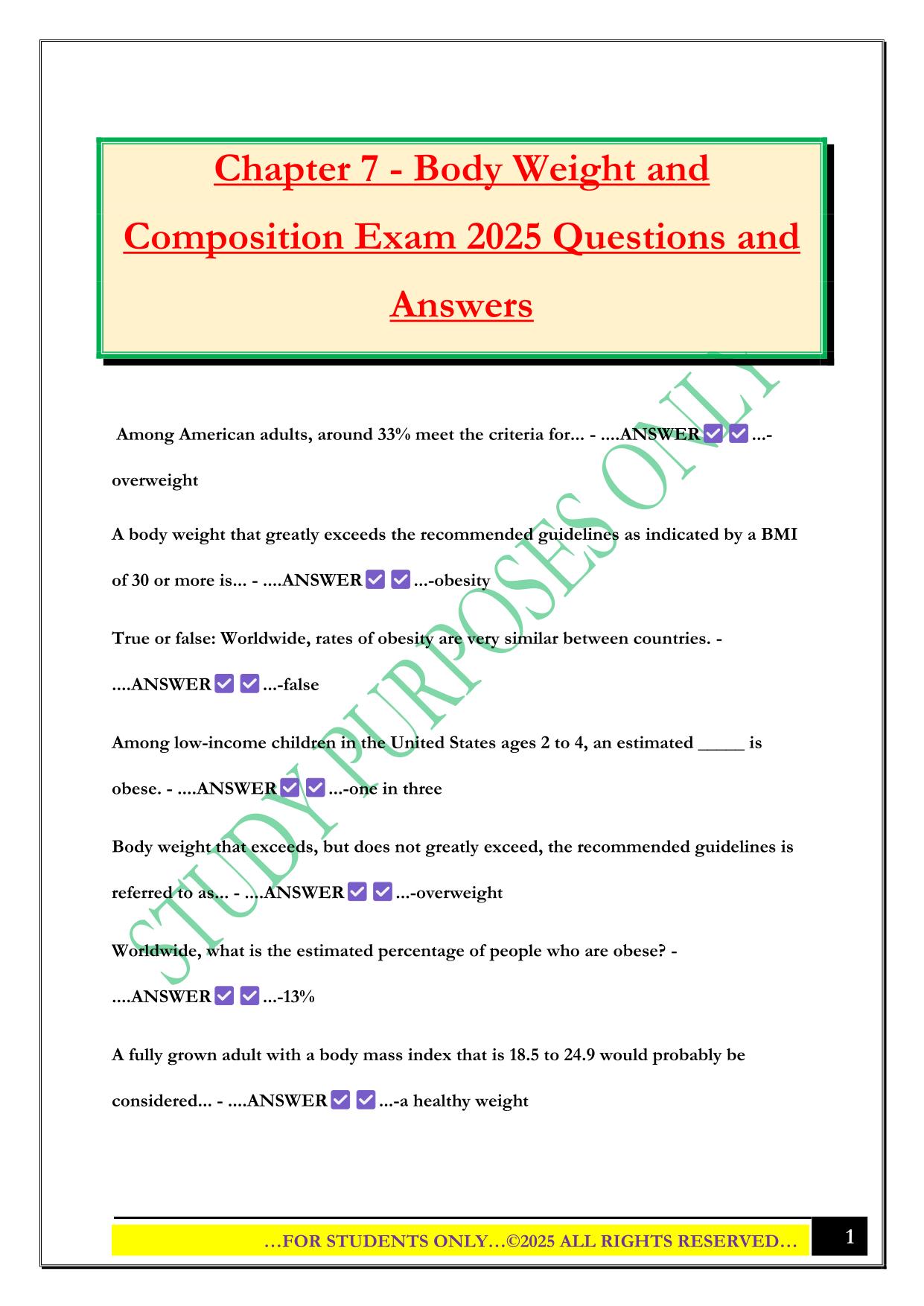 Chapter 7 body composition Exam 2025 Questions and Answers