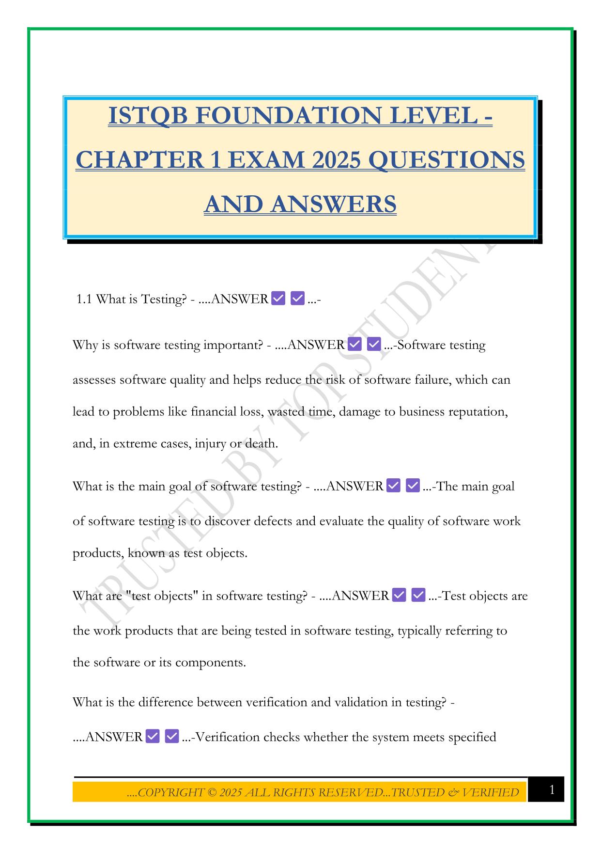 ISTQB FOUNDATION LEVEL - CHAPTER 1 EXAM 2025 QUESTIONS AND ANSWERS