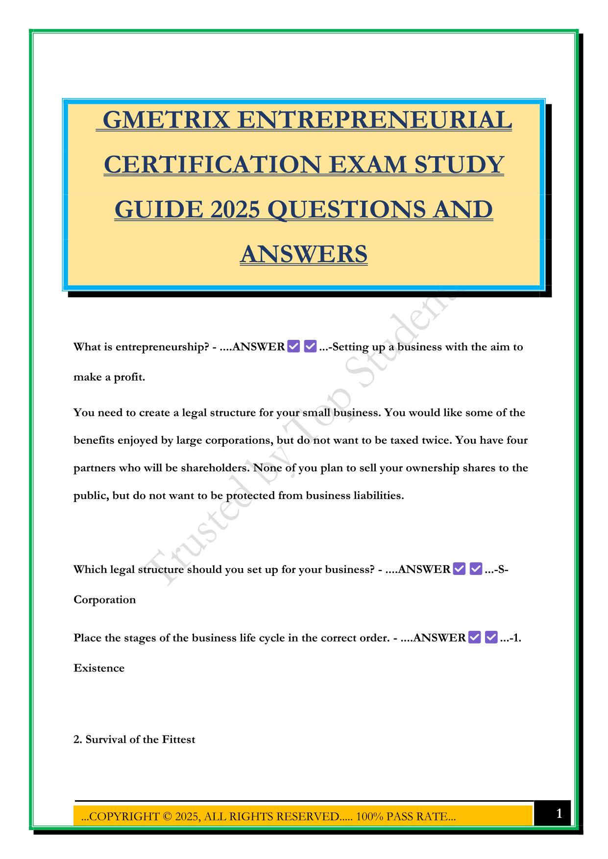 GMETRIX ENTREPRENEURIAL CERTIFICATION EXAM STUDY GUIDE 2025 QUESTIONS AND ANSWERS