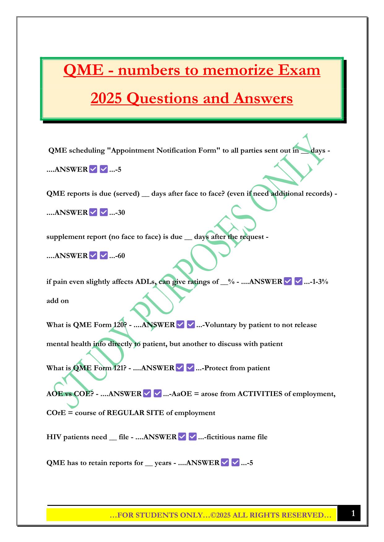 QME - numbers to memorize Exam 2025 Questions and Answers
