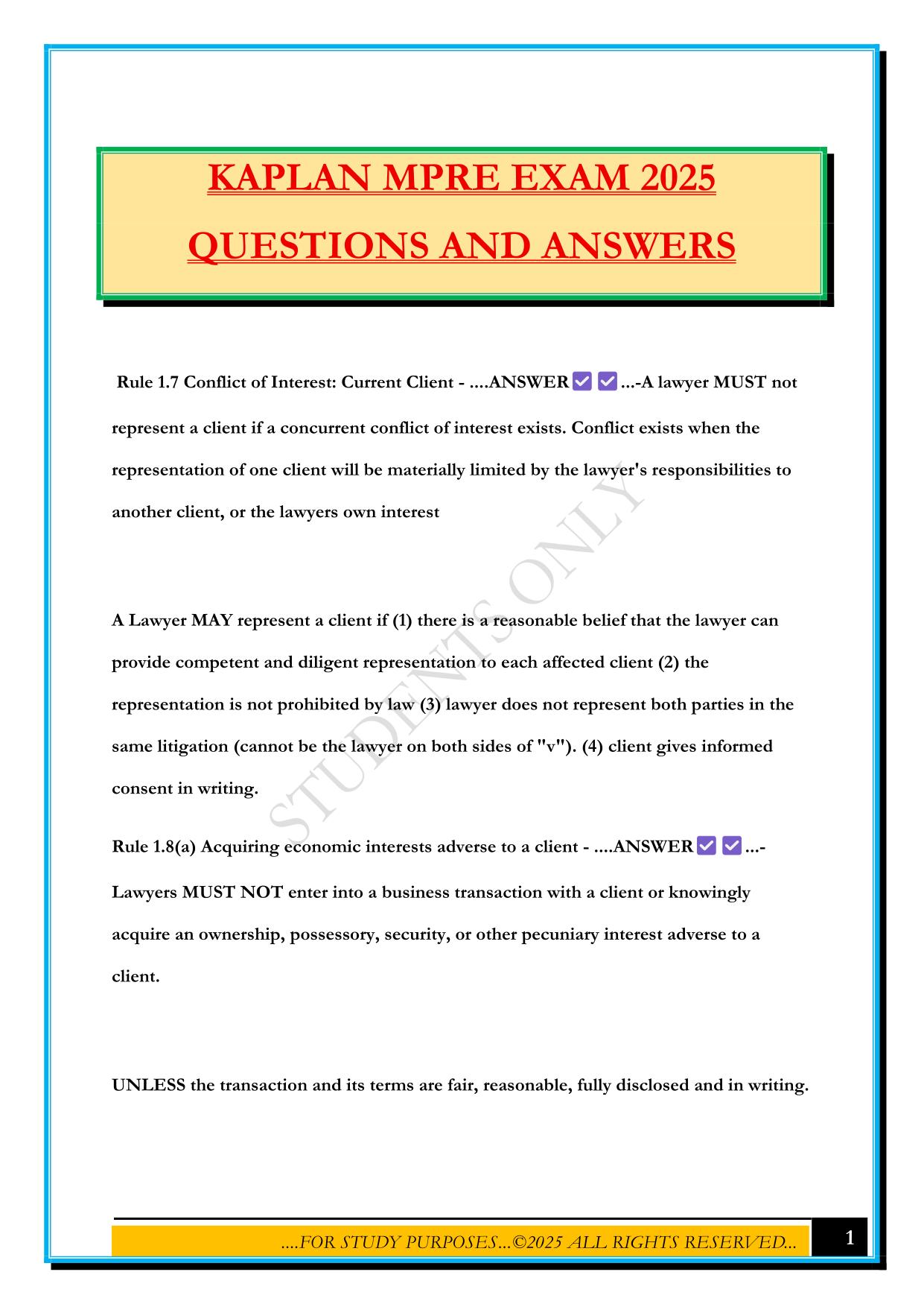 KAPLAN MPRE EXAM 2025 QUESTIONS AND ANSWERS