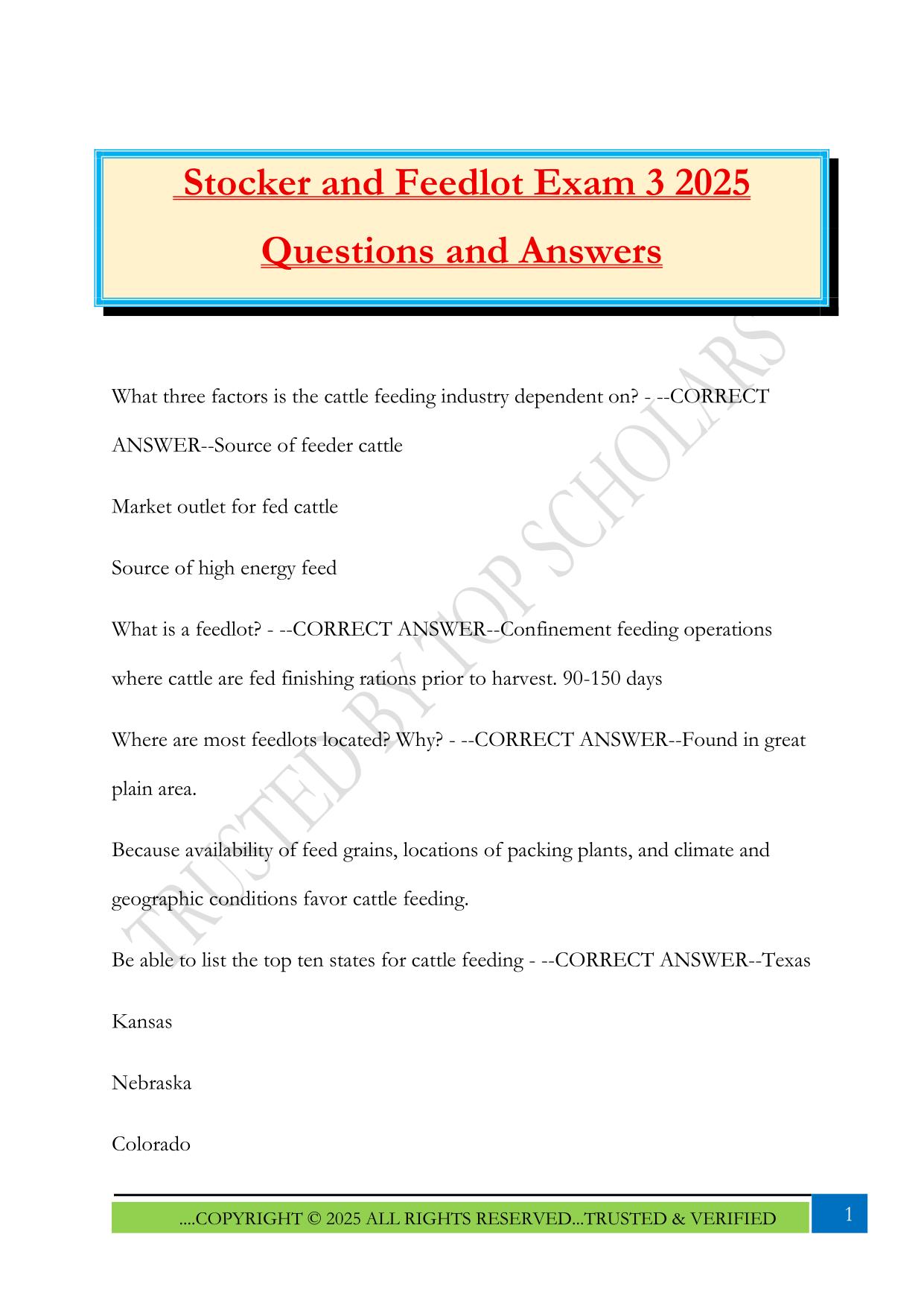 Stocker and Feedlot Exam 3 2025 Questions and Answers