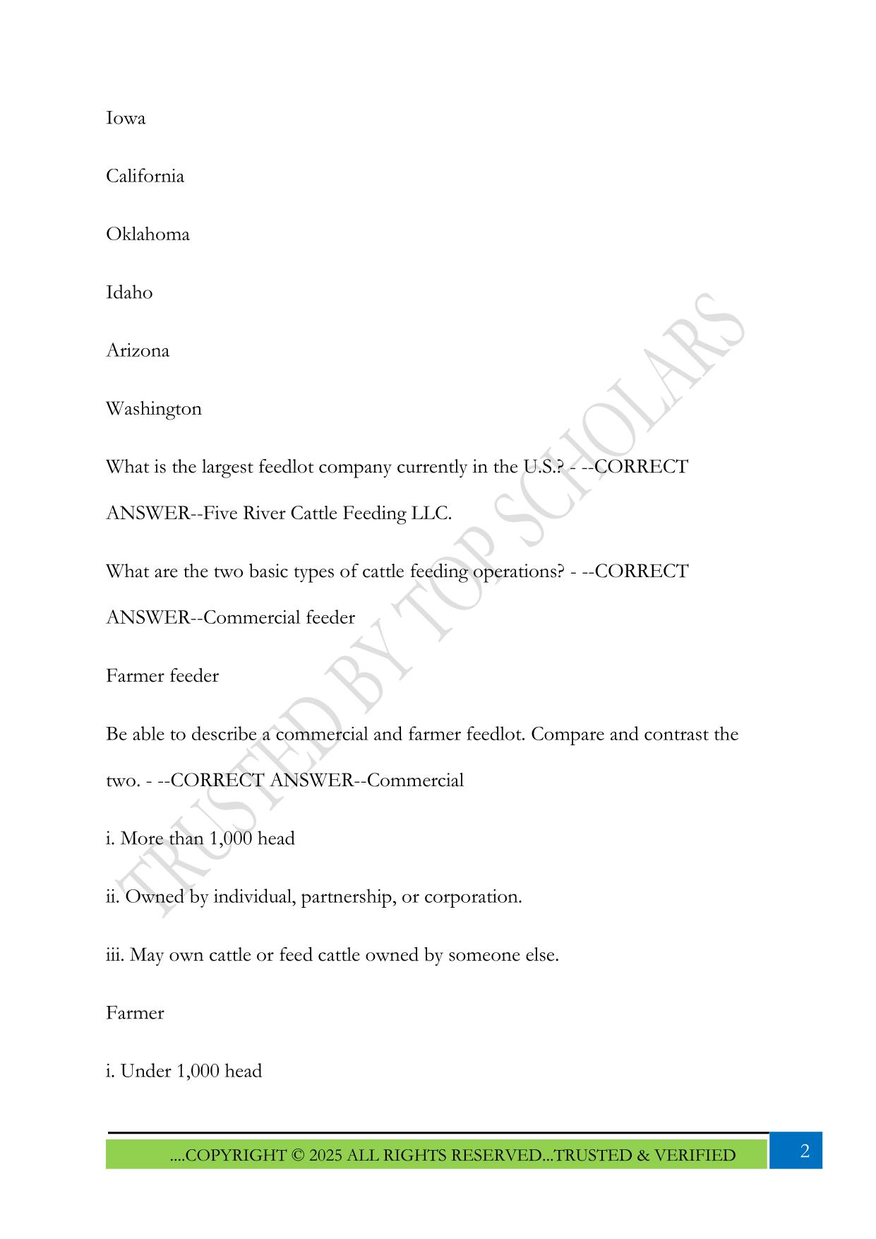 Stocker and Feedlot Exam 3 2025 Questions and Answers