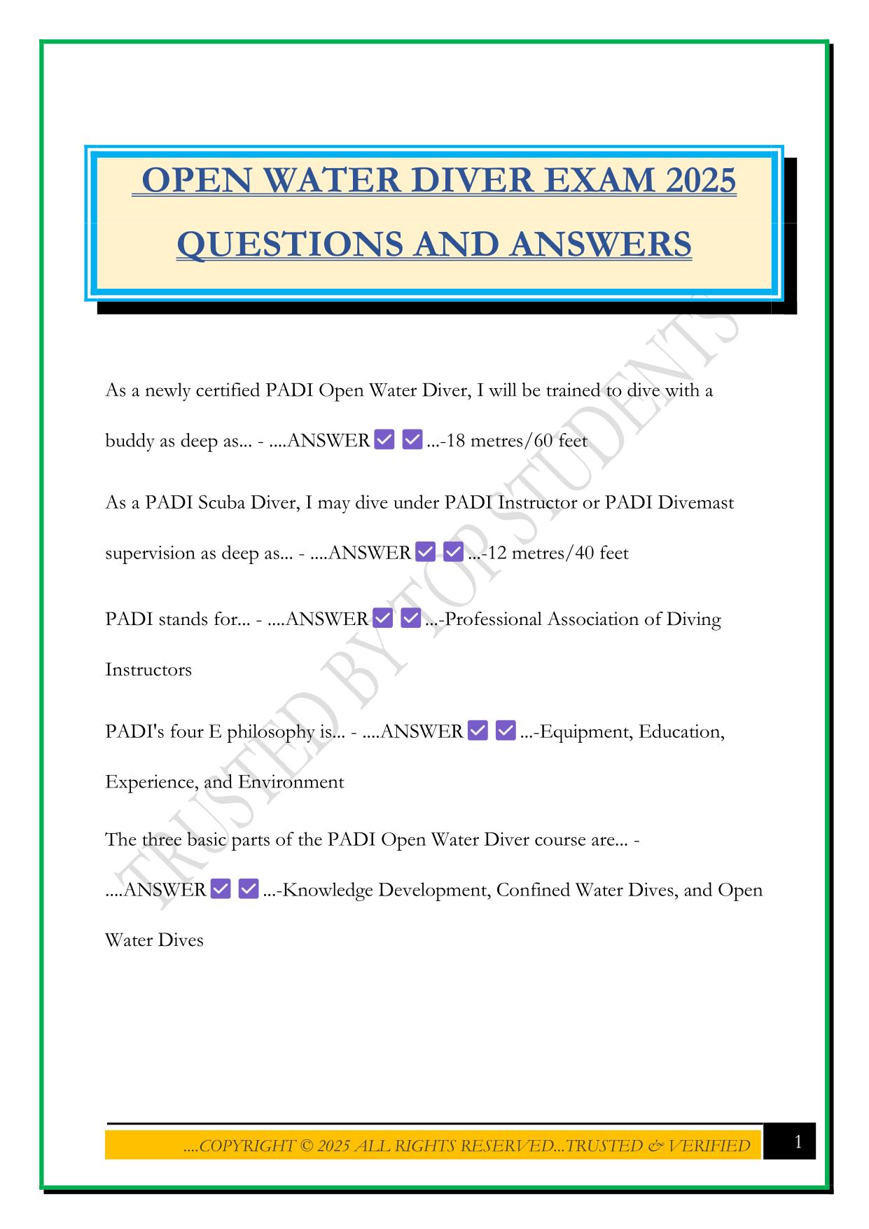 OPEN WATER DIVER EXAM 2025 QUESTIONS AND ANSWERS