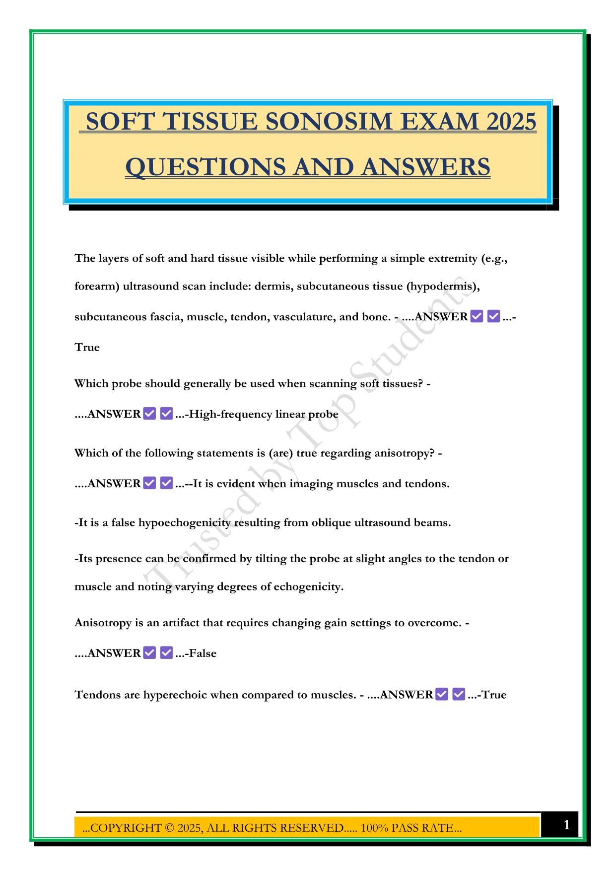 SOFT TISSUE SONOSIM EXAM 2025 QUESTIONS AND ANSWERS