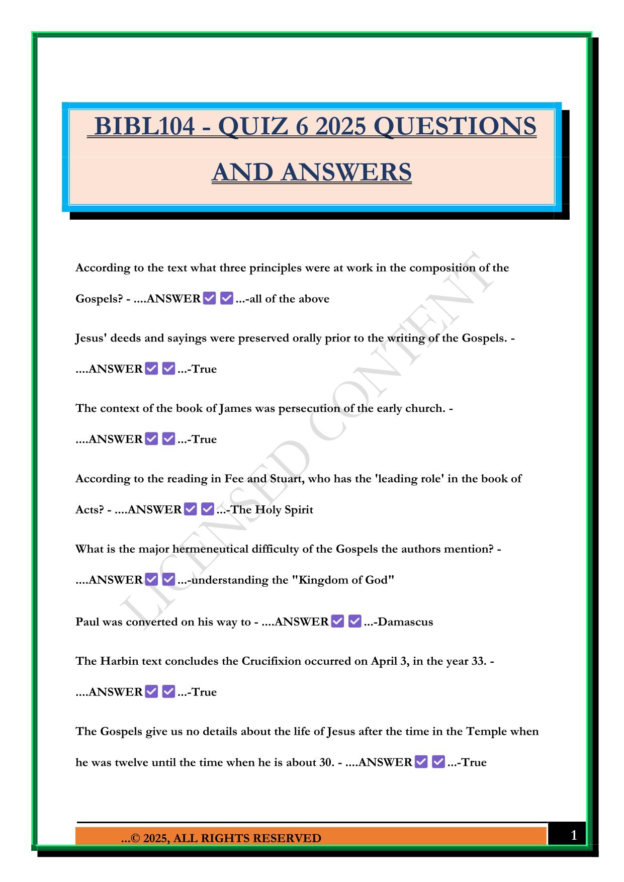 BIBL104 - QUIZ 6 2025 QUESTIONS AND ANSWERS