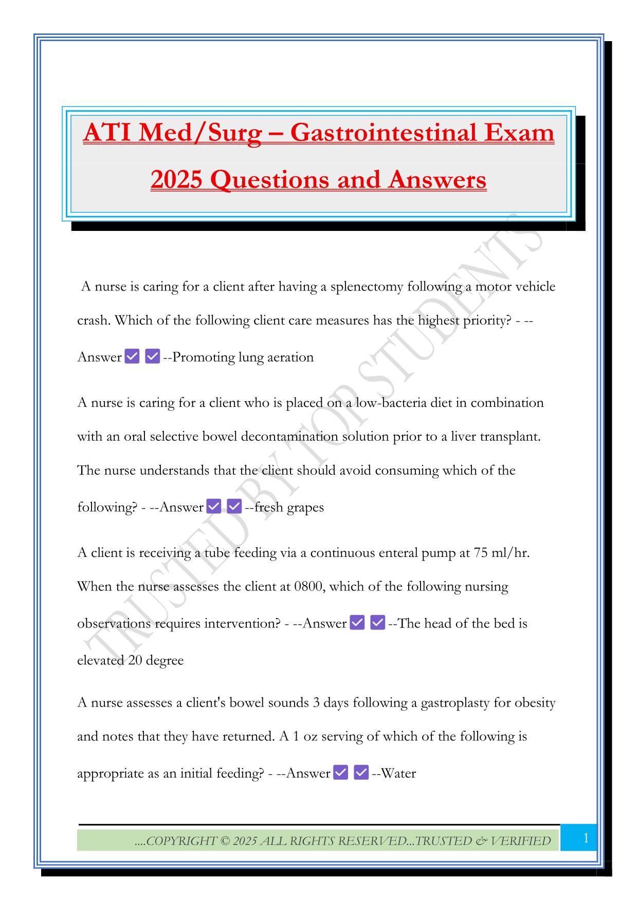 ATI Med/Surg – Gastrointestinal Exam 2025 Questions and Answers