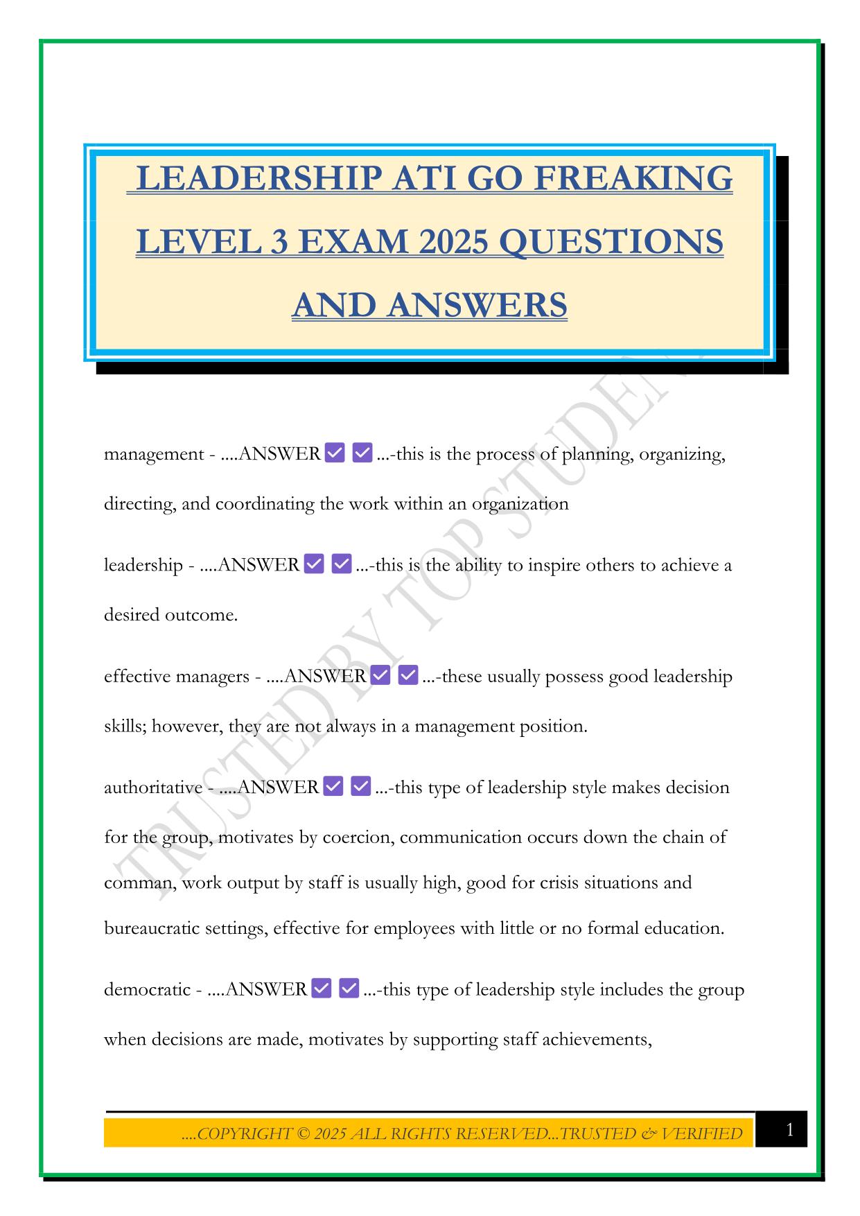 LEADERSHIP ATI GO FREAKING LEVEL 3 EXAM 2025 QUESTIONS AND ANSWERS