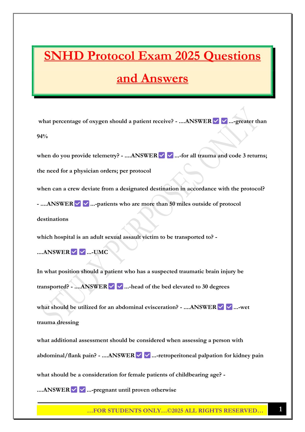 SNHD Protocol Exam 2025 Questions and Answers