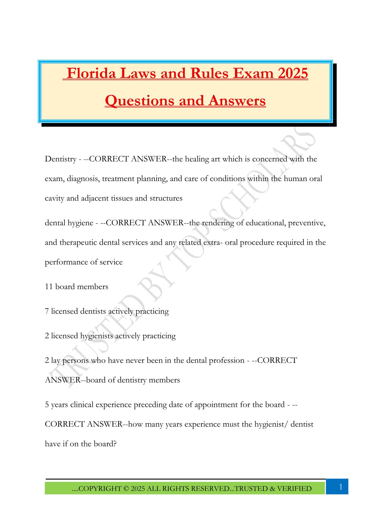 Florida Dental Rules and Laws Fall 2025 Bundled Exams Questions and Answers |100% Pass Updated & Verified