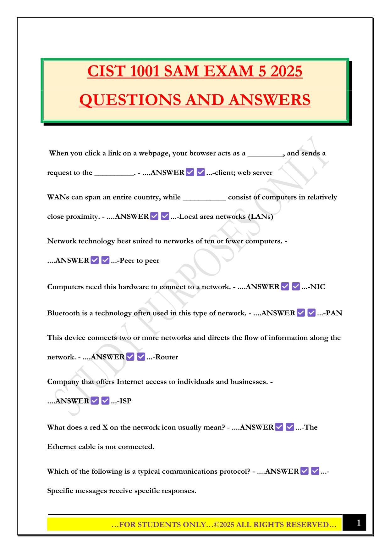 CIST 1001 SAM EXAM 5 2025 QUESTIONS AND ANSWERS