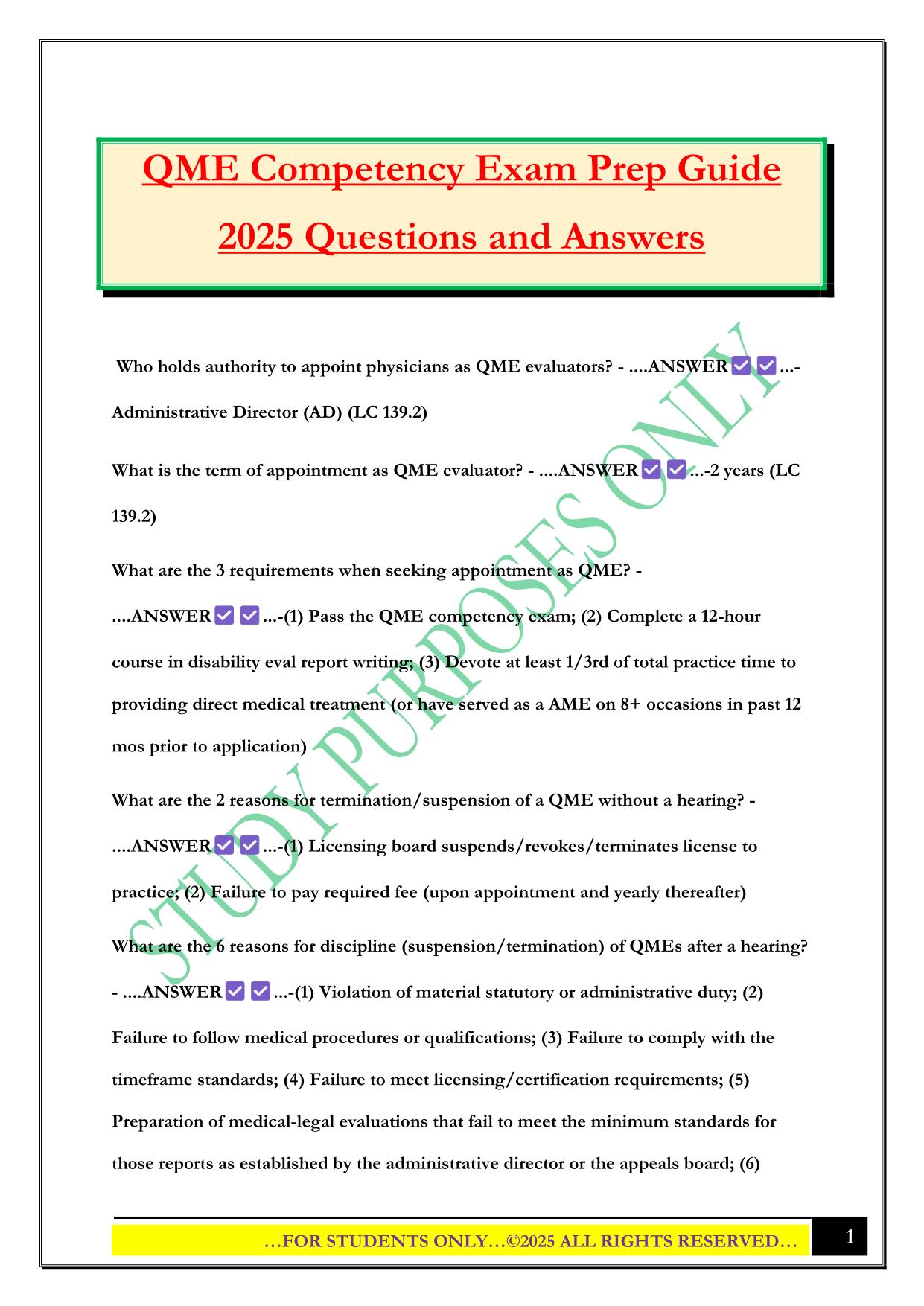 QME Competency Exam Prep Guide 2025 Questions and Answers