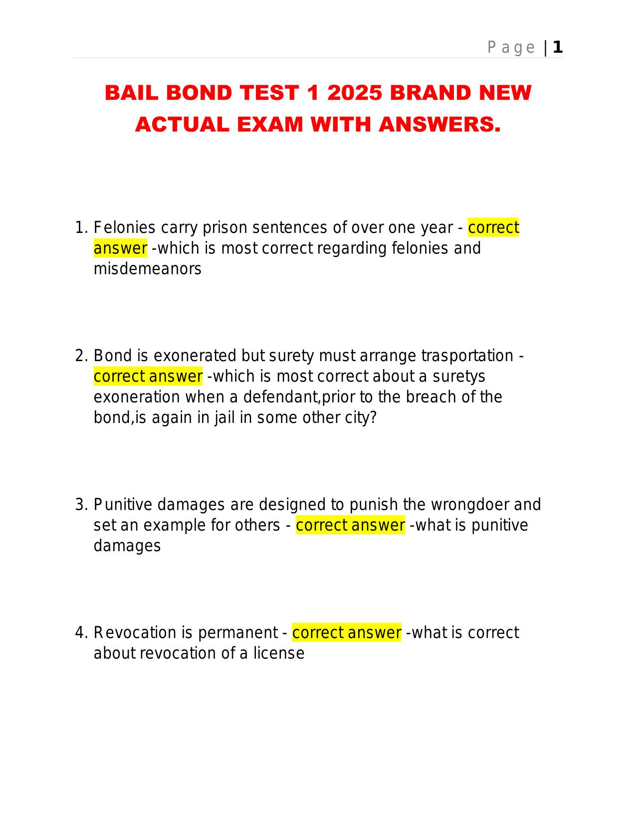 BAIL BOND TEST 1 2025 BRAND NEW ACTUAL EXAM WITH ANSWERS.