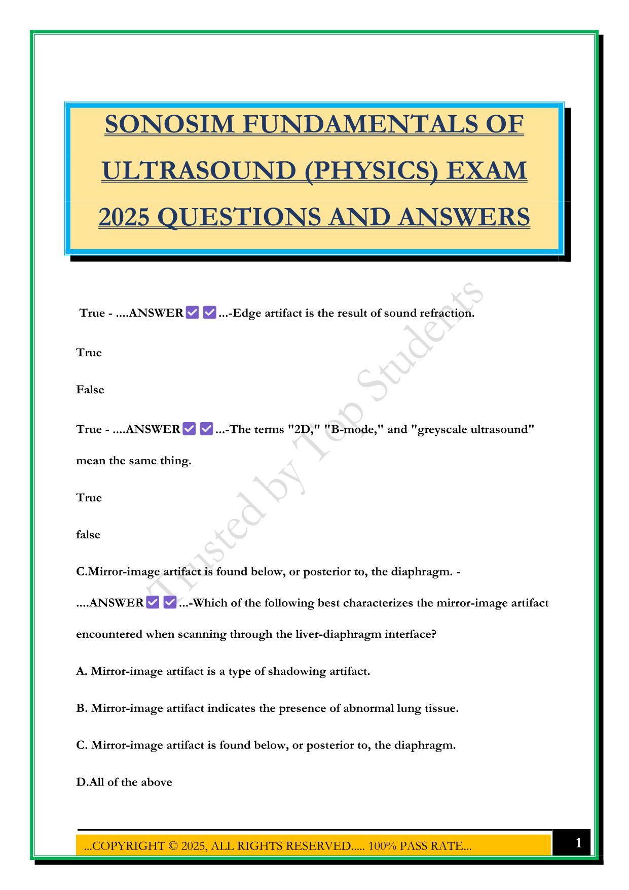 SONOSIM FUNDAMENTALS OF ULTRASOUND (PHYSICS) EXAM 2025 QUESTIONS AND ANSWERS