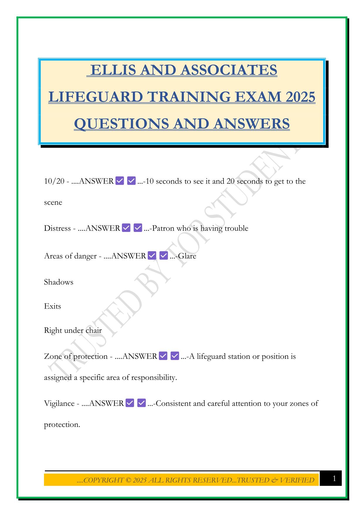 ELLIS AND ASSOCIATES LIFEGUARD TRAINING EXAM 2025 QUESTIONS AND ANSWERS