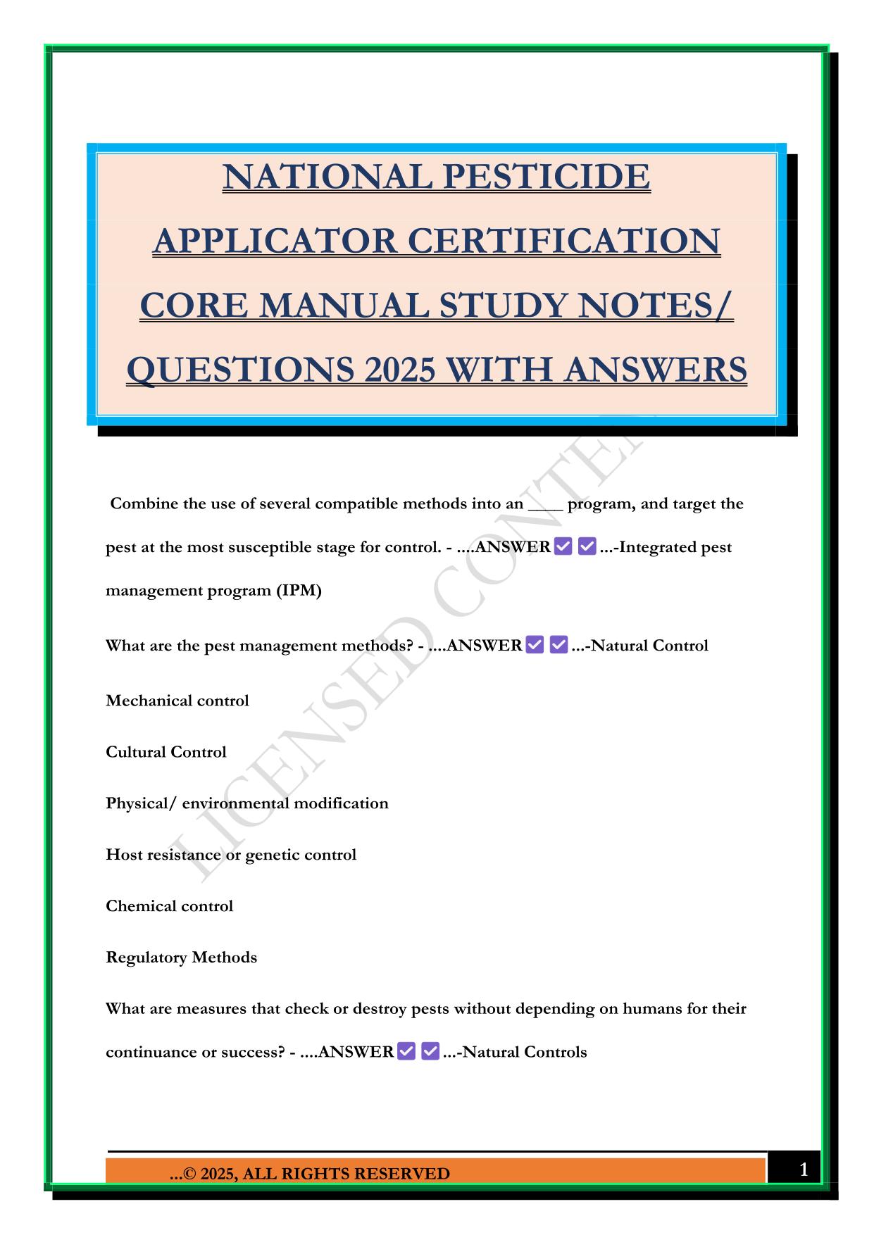 NATIONAL PESTICIDE APPLICATOR CERTIFICATION CORE MANUAL STUDY NOTES/ QUESTIONS 2025 WITH ANSWERS