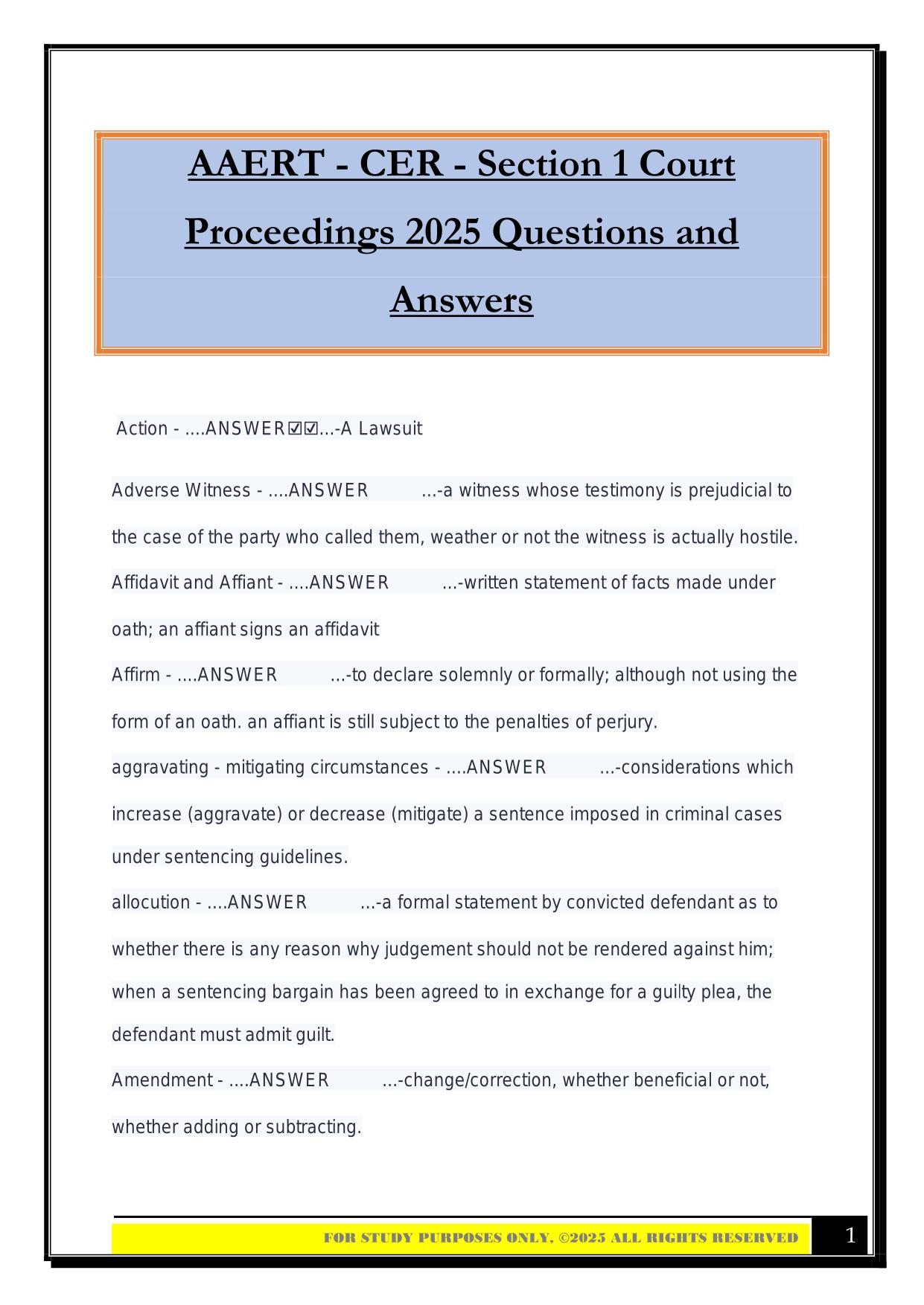 AAERT - CER - Section 1 Court Proceedings 2025 Questions and Answers