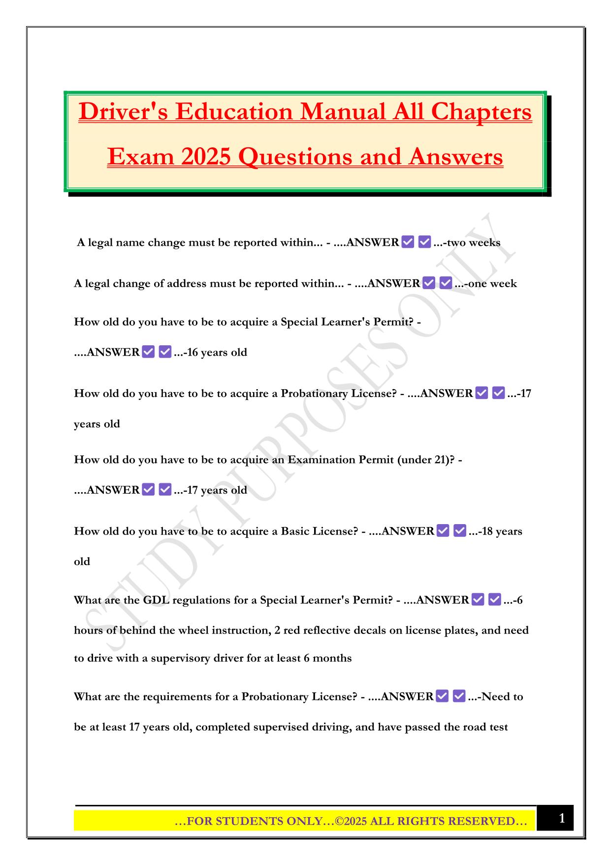 Driver's Education Manual All Chapters Exam 2025 Questions and Answers