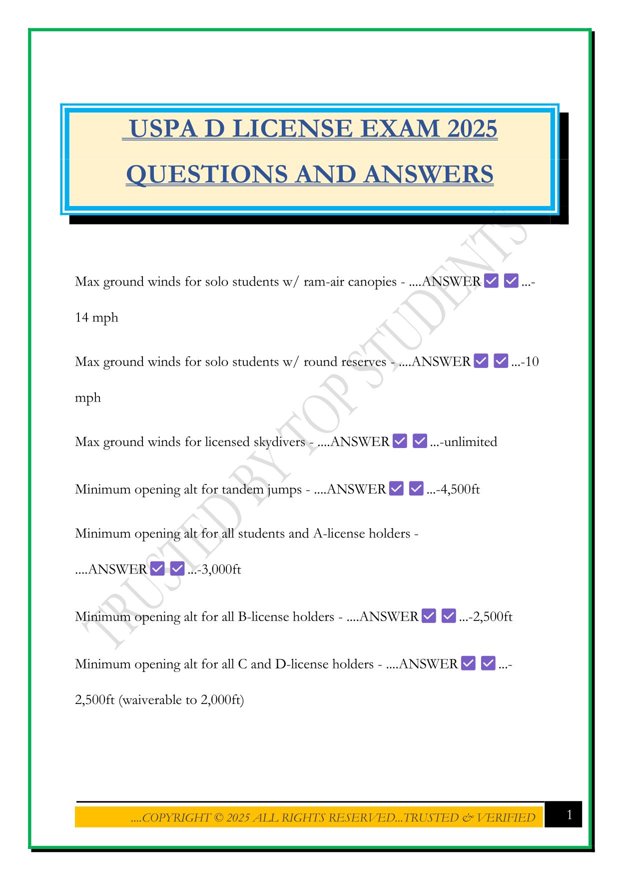 USPA D LICENSE EXAM 2025 QUESTIONS AND ANSWERS
