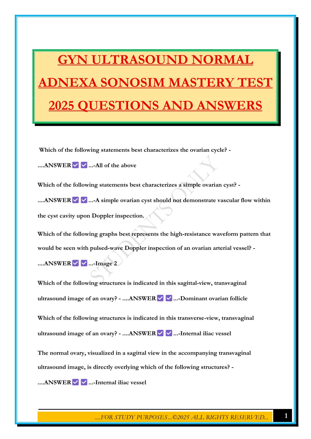 GYN ULTRASOUND NORMAL ADNEXA SONOSIM MASTERY TEST 2025 QUESTIONS AND ANSWERS