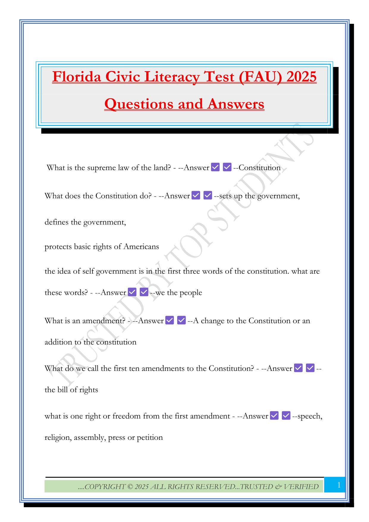 Florida Civic Literacy Test (FAU) 2025 Questions and Answers